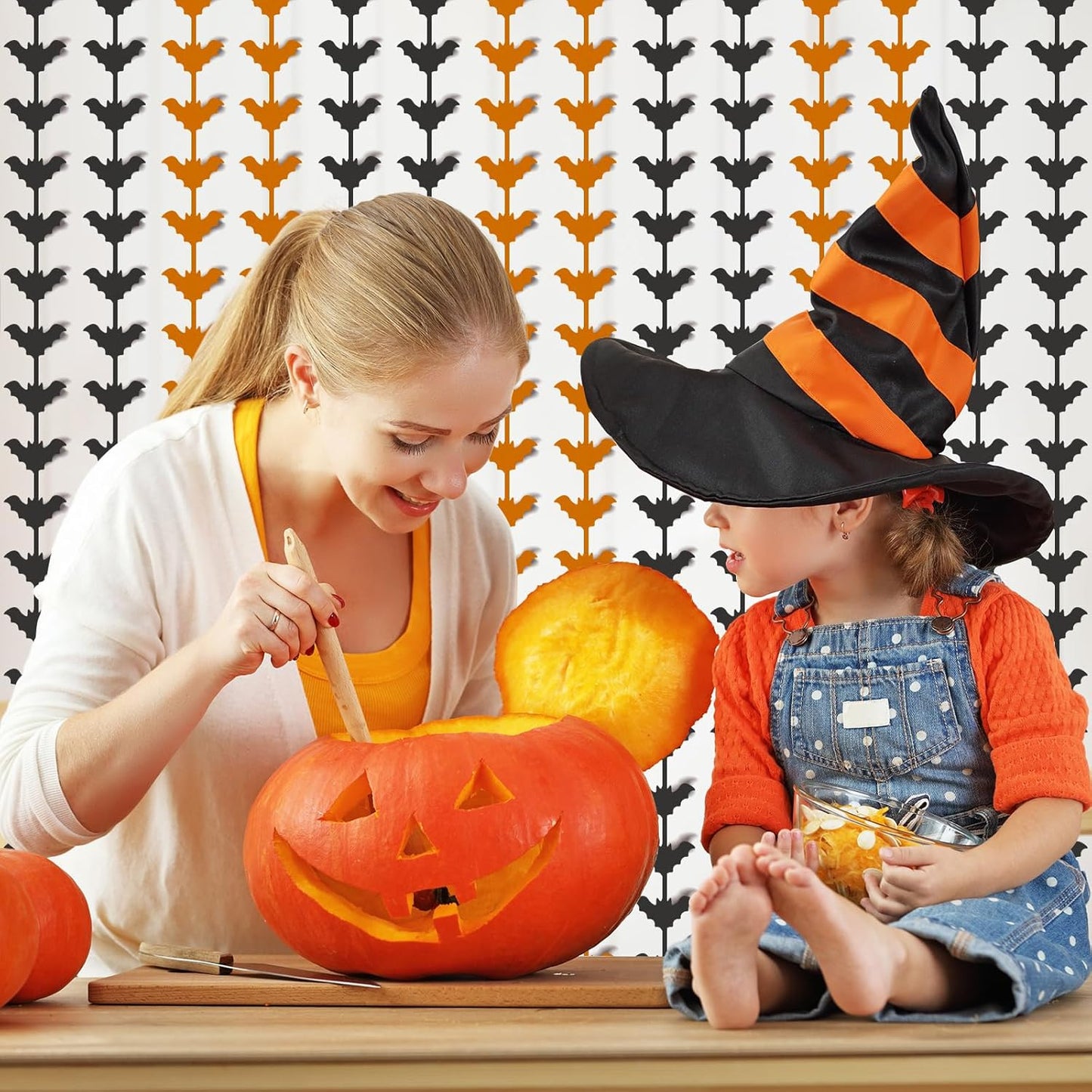 CANREVEL 2 Pack 3.2x6.5 Feet Halloween Foil Fringe Backdrop Curtains, Black and Orange Bat Tinsel Streamers Party Decorations, Fringe Backdrop for Wall Door Indoor Outdoor Decorations