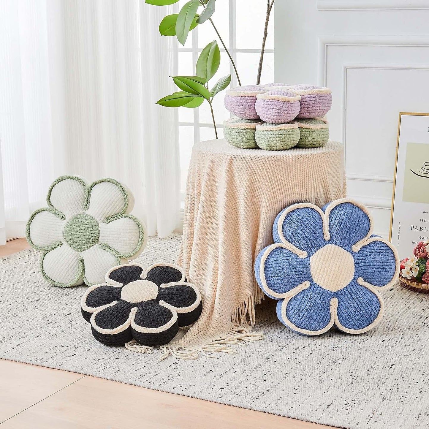 Flower Pillow, Soft Flower Decorative Throw Pillow, Cute Daisy Flower Shaped Seating Floor Cushion Room Décor Plush Pillows for Sofa Couch Bed (17.7 Inch, Blue)