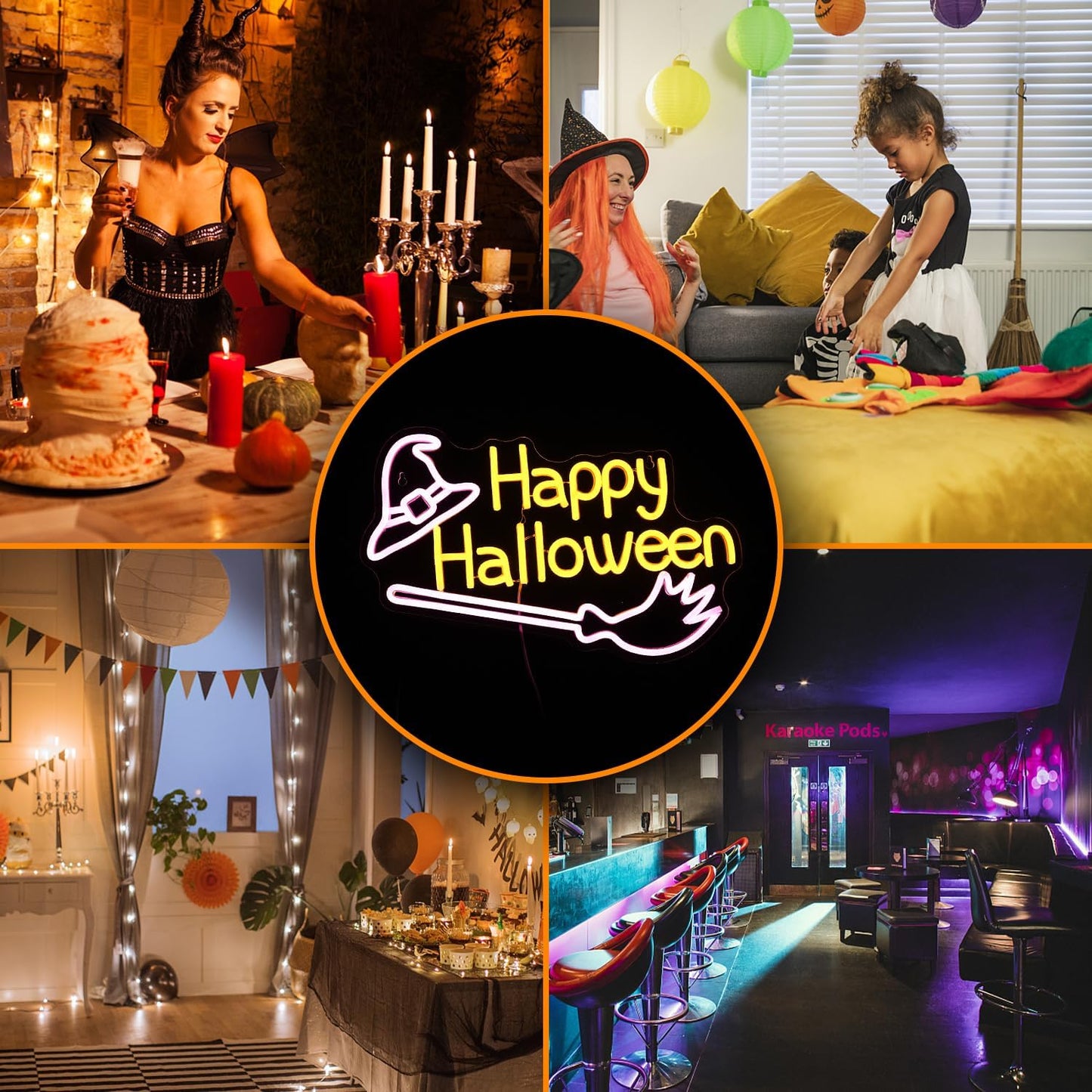 Happy Halloween Neon Sign Witch Hat Neon Sign Dimmable Broom Led Wall Decor Neon Lights Halloween Decorations for Home Spooky Party Kids Room