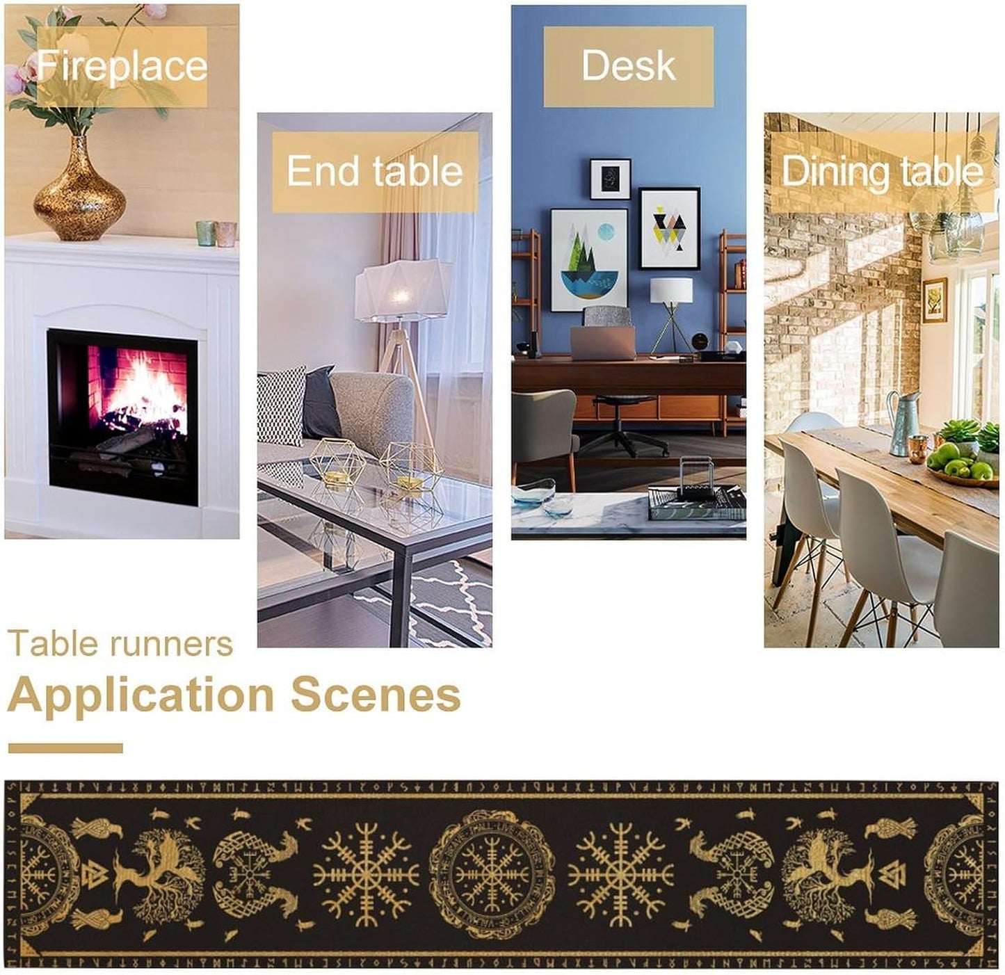 Viking Tree of Life Abstract Table Runner for Living Room Home Party Coffee Dining Party Wedding Golden Black Celtic Style Geometric Dragon Boat Rudder Ancient Script Table Runner 13x120 Inch