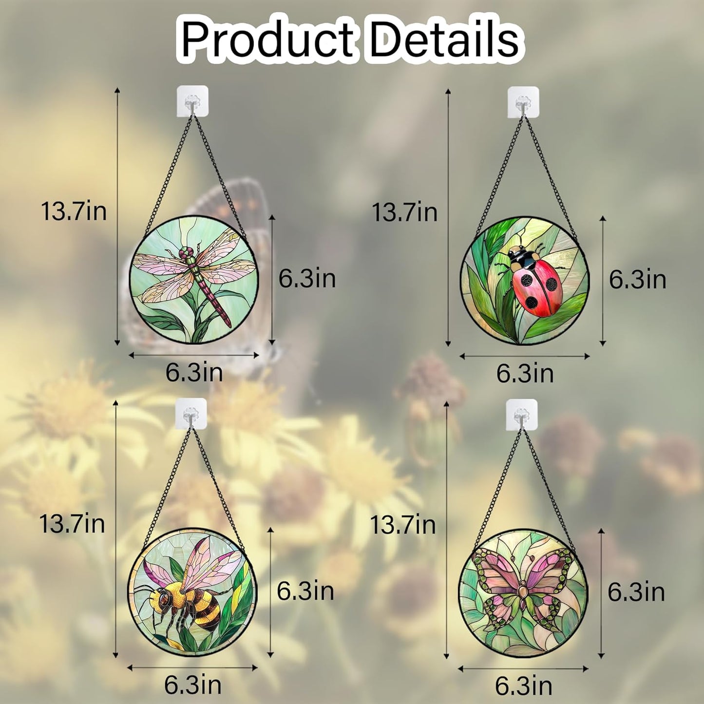 Stained Glass Window Hanging 4 Pcs Set Pink Green Insect Theme 6.3" - Butterfly Suncatcher Door Garden Sun Catcher Decor Birthday Christmas for Mom Woman Nana Men