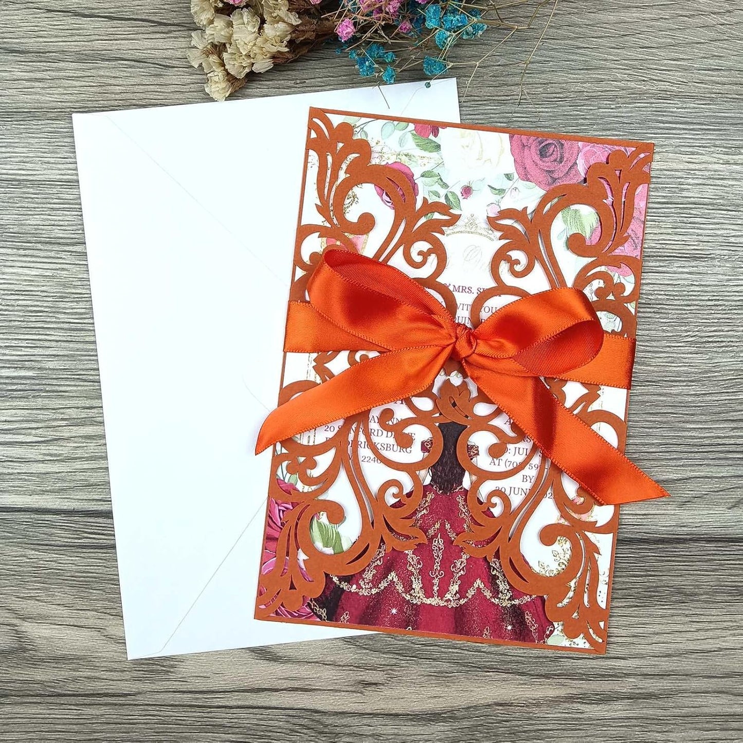 25PCS Terracotta Laser Cut Wedding Invitations Cards with Envelopes,Blank Inner Sheets,Ribbons for Wedding Bridal Shower Quinceañera Engagement Birthday Invites