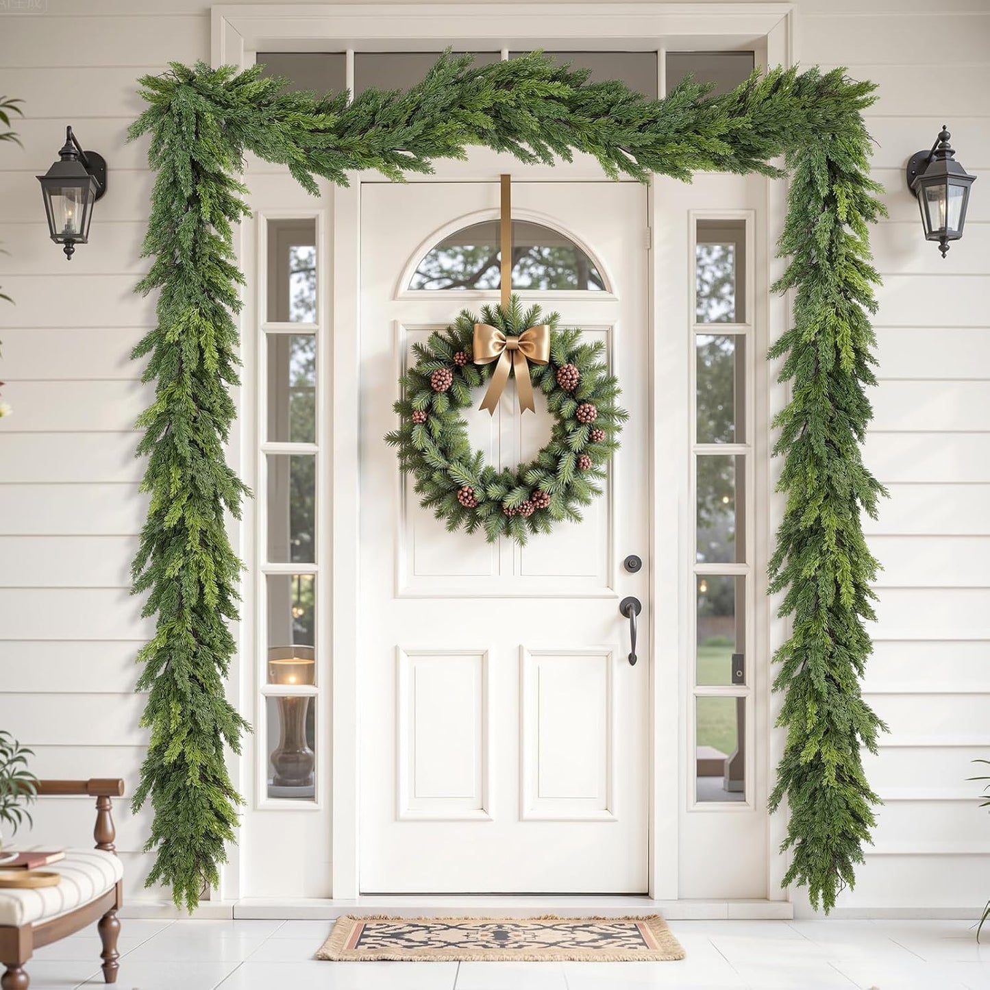 2PCS 9FT Artificial Christmas Garland, Cedar Garland -Real Touch Greenery Cypress Pine Garland for Mantle Table Railing Fireplace Indoor & Outdoor Christmas Decorations