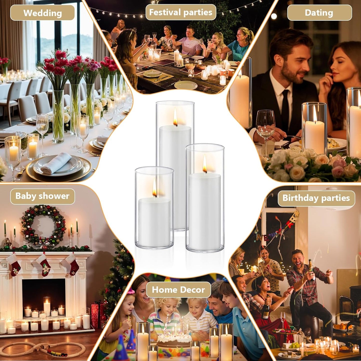 24 PCS White Pillar Candles with Glass Candle Holders Clear Hurricane Candle Holders Glass Cylinder Vases for Centerpieces Wedding Party, Event, Home Office (12 Candles+12 Candle Hoders)
