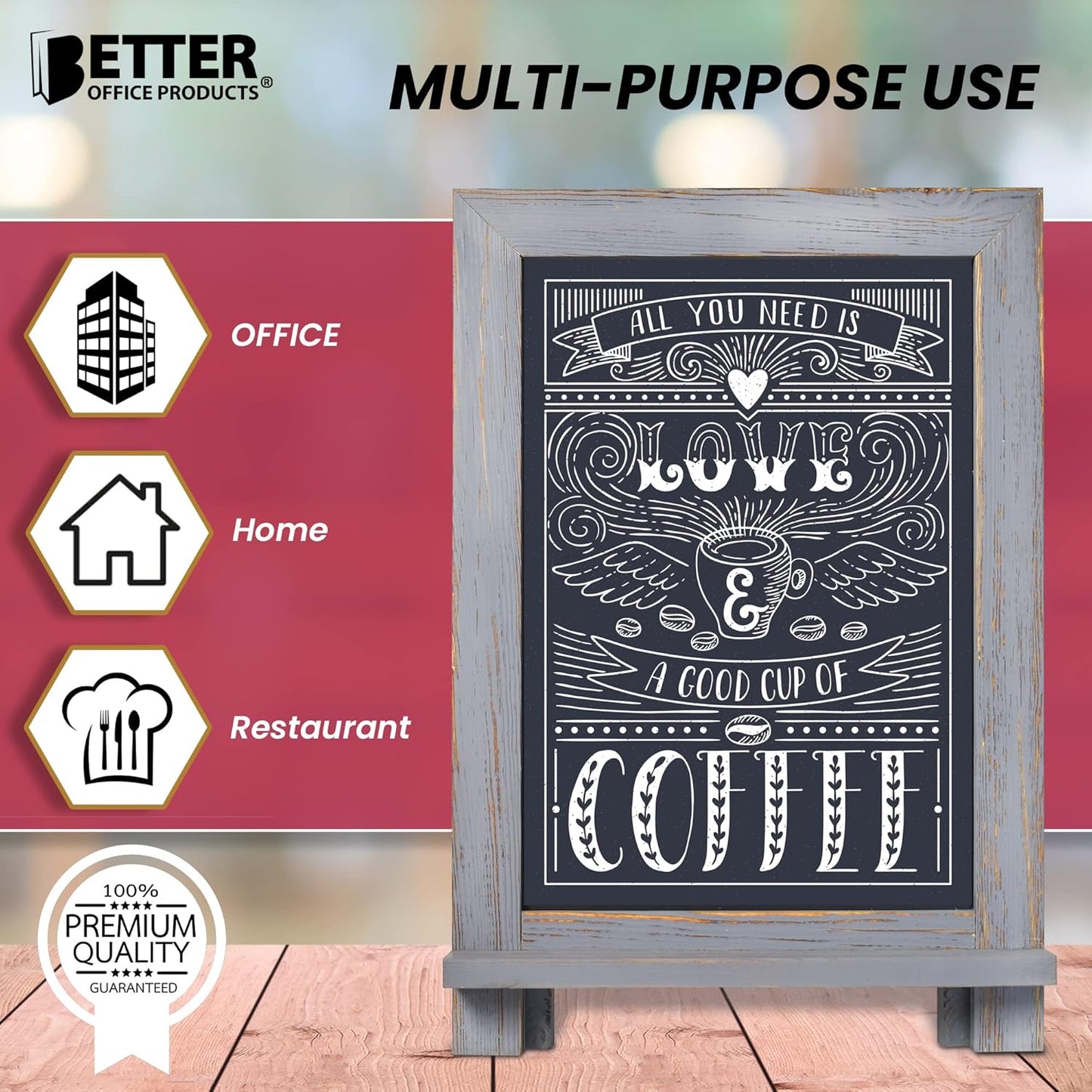 Better Office Products Framed Tabletop Chalkboard Sign, 9.5" x 14", Rustic Wood Frame, Small Magnetic Chalkboard with Built-in Ledge and Folding Stand, One White Chalk Marker Included,(Gray wash)