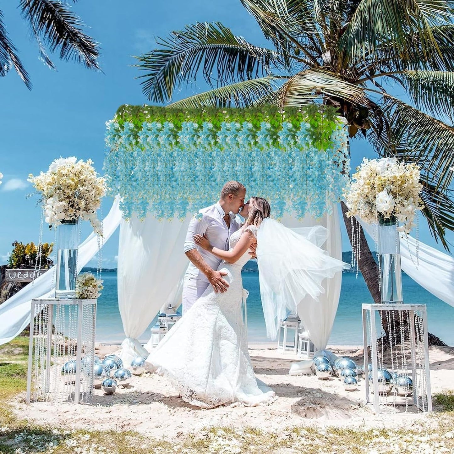 24 Pack Lake Blue Wisteria Hanging Flowers, 3.4 Ft Fake Hanging Flowers, Artificial Wisteria Garland Vines for Wedding Room Backdrop Outdoor Patio Garden Decoration