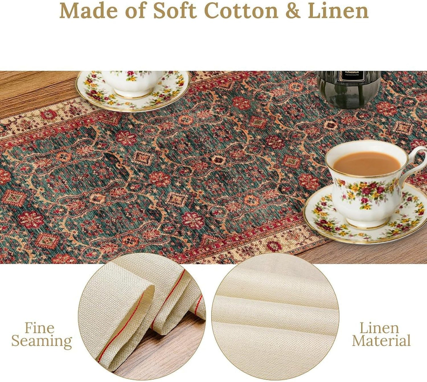 Vintage Boho Floral Table Runner, Rustic Country Farmhouse Red Teal Retro Flower Pattern for Home Kitchen Table Decor Dining Coffee Room Party Decor 13x90in