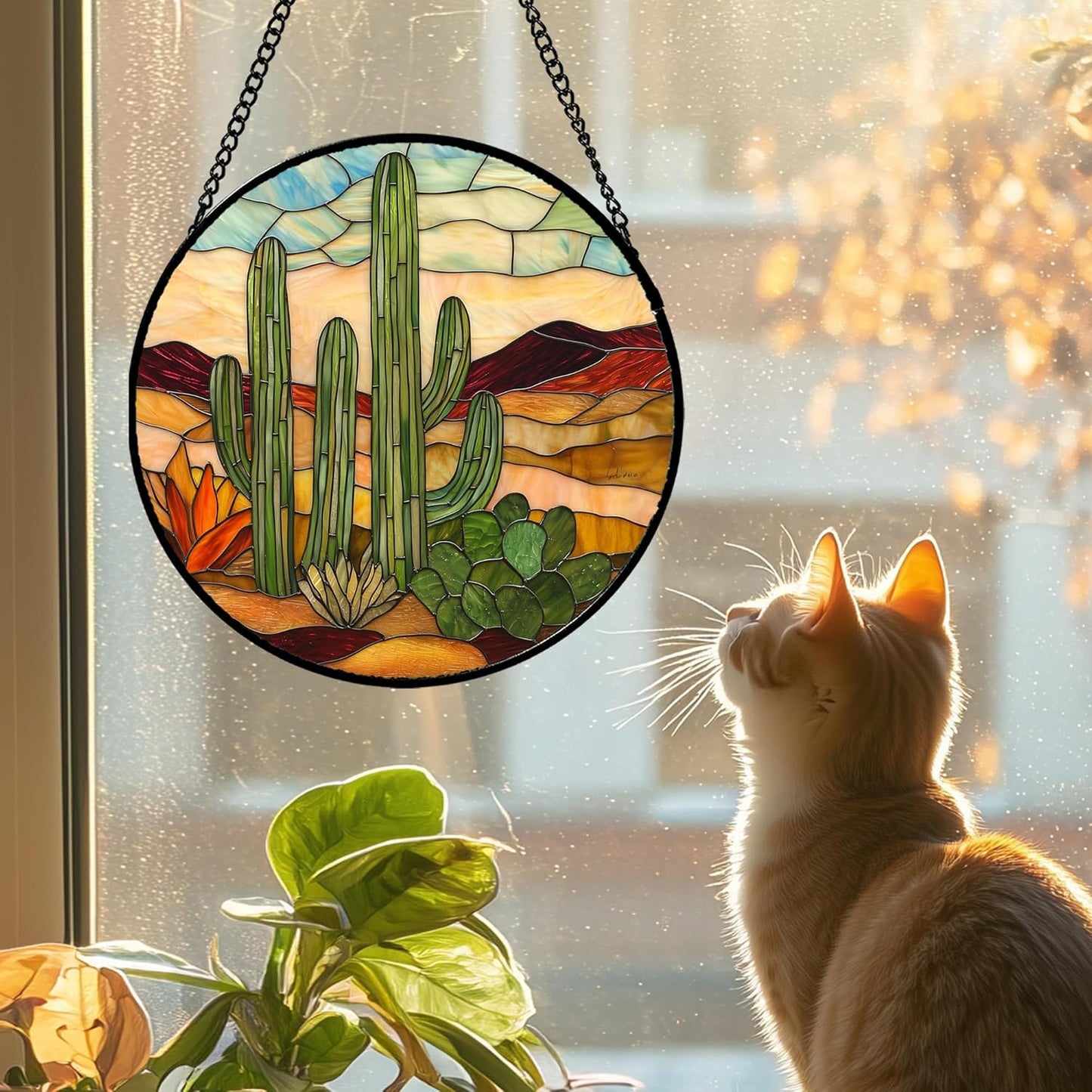 Stained Glass Window Hanging, Green Cactus Sun Catcher for Door Terrace Garden Home Decor, Abstract Desert Landscape Suncatcher Birthday Gifts for Lovers Women Men Dad Mom Nana 9.8 in