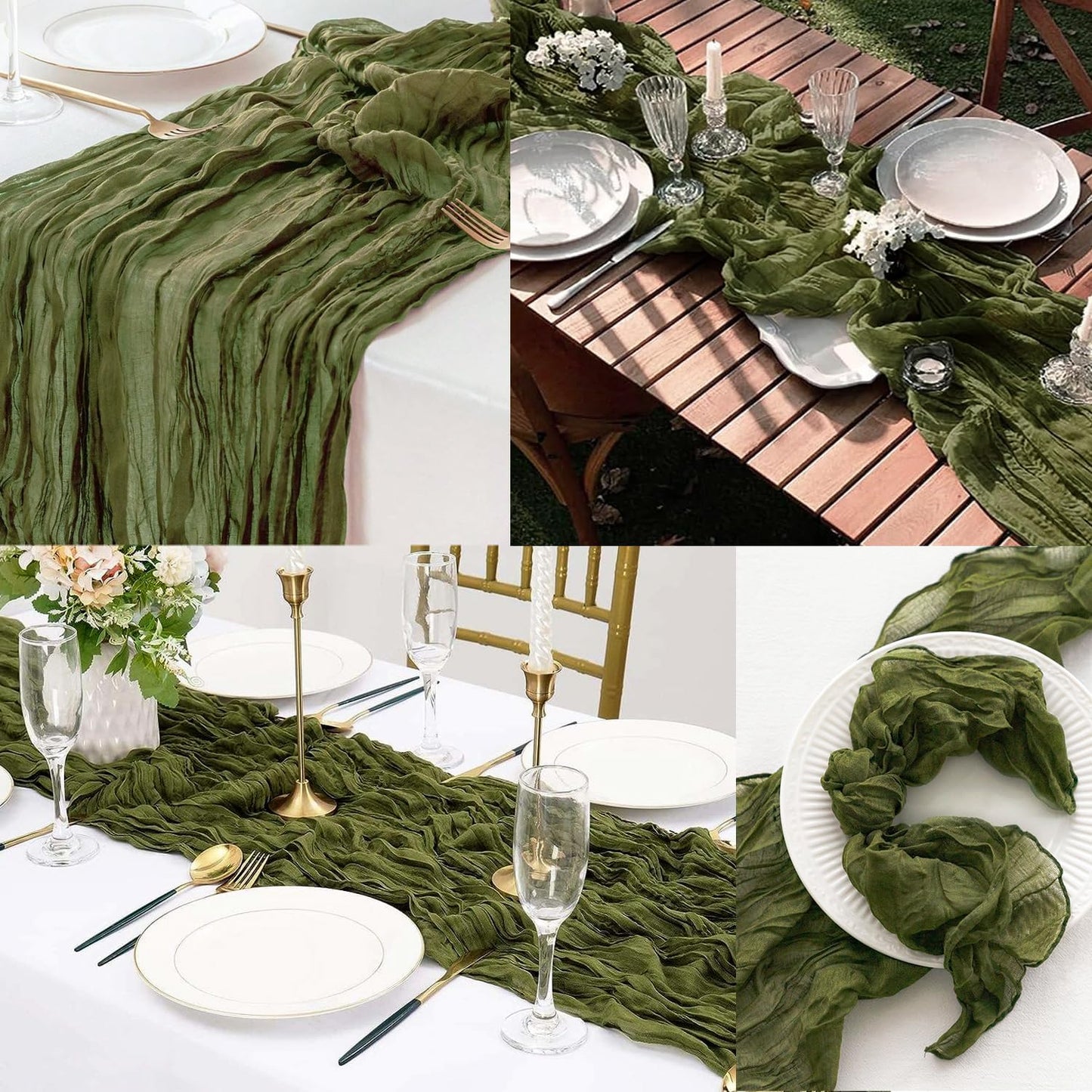 6 Pack Olive Green 10FT Cheesecloth Table Runner Rustic Gauze Cheese Cloth Table Runner for Wedding Bridal Baby Shower Table Decorations Boho Fabric Sheer Birthday Party Decor 20 x 120 Inch Long