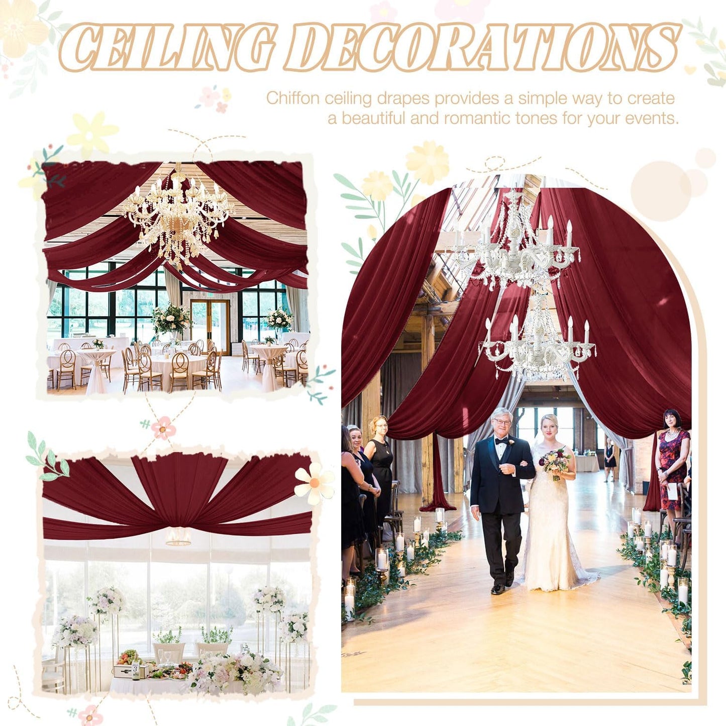 FUHSY Wedding Ceiling Drapes Burgundy Draping Fabric for Wedding Arch 4 Panels 5x20Ft Chiffon Maroon Curtains Drapes Sheer Backdrop Curtains Arch Drapery for Wedding Ceremony Stage Ceiling Decorations