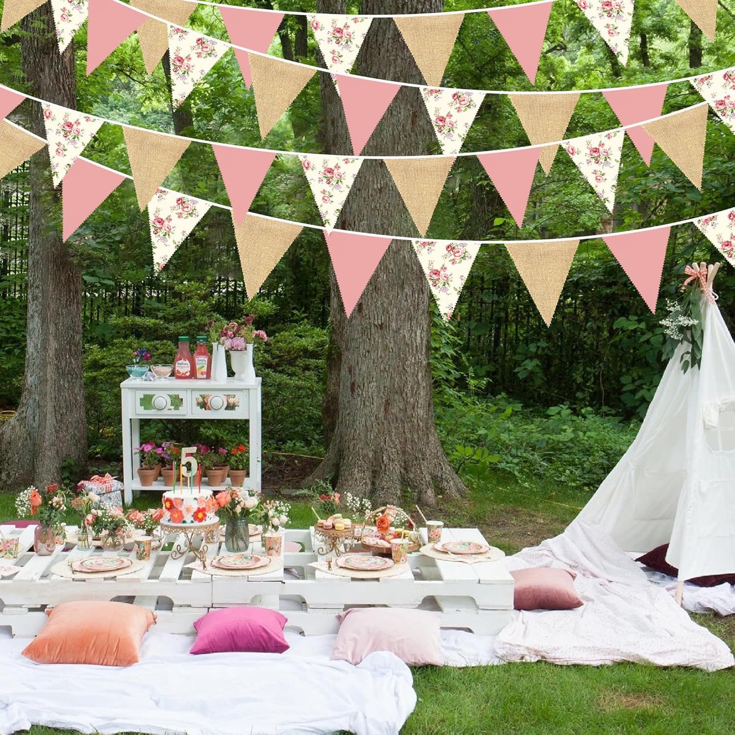 32Ft Flora Party Decorations Blush Rose Pink Burlap Flora Triangle Flag Fabric Banner Pennant Garland Streamer for Chic Tea Party Vintage Birthday Wedding Baby Shower Engagement Rustic Garden Decor