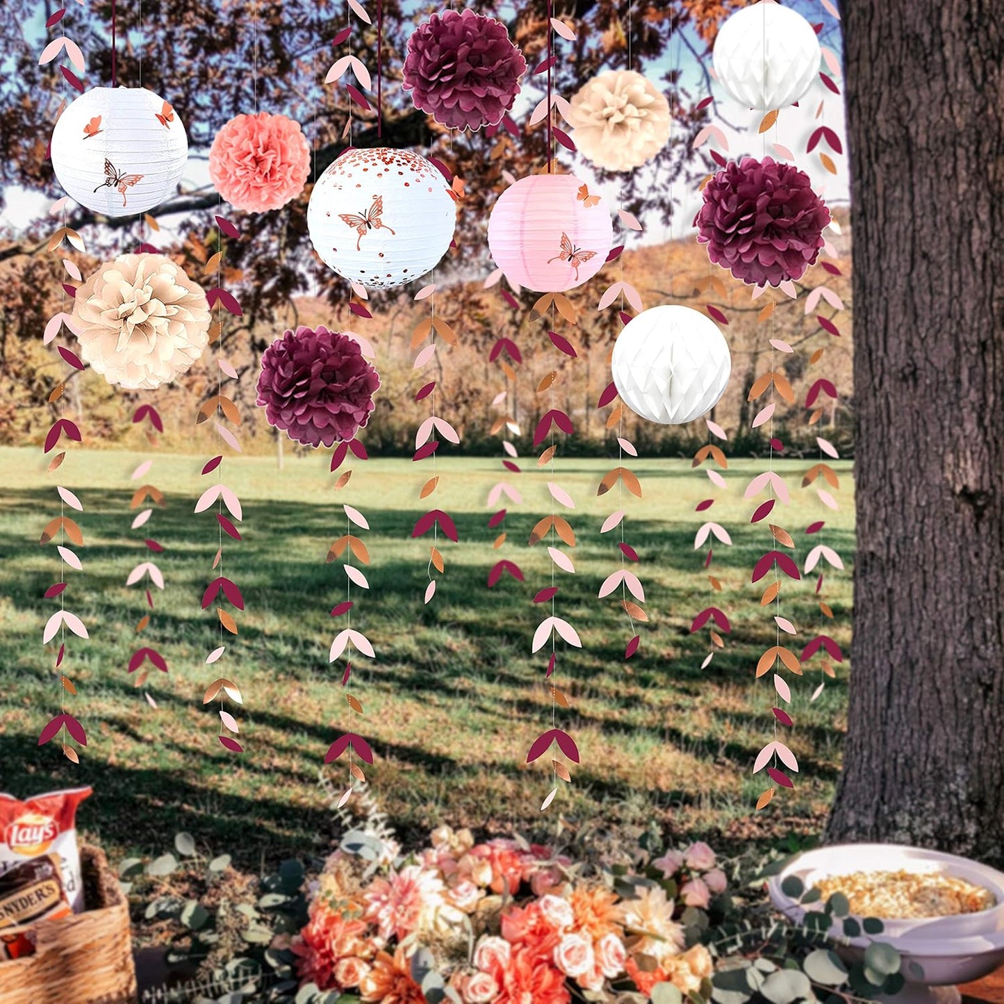 Burgundy Rose gold Pink Party Decorations Lanterns Flowers Pom Pom with 3D Butterfly Stickers and Leaf Garland Streamers for Birthday Engagement Wedding Bridal Shower Bachelorette Fall Autumn Party