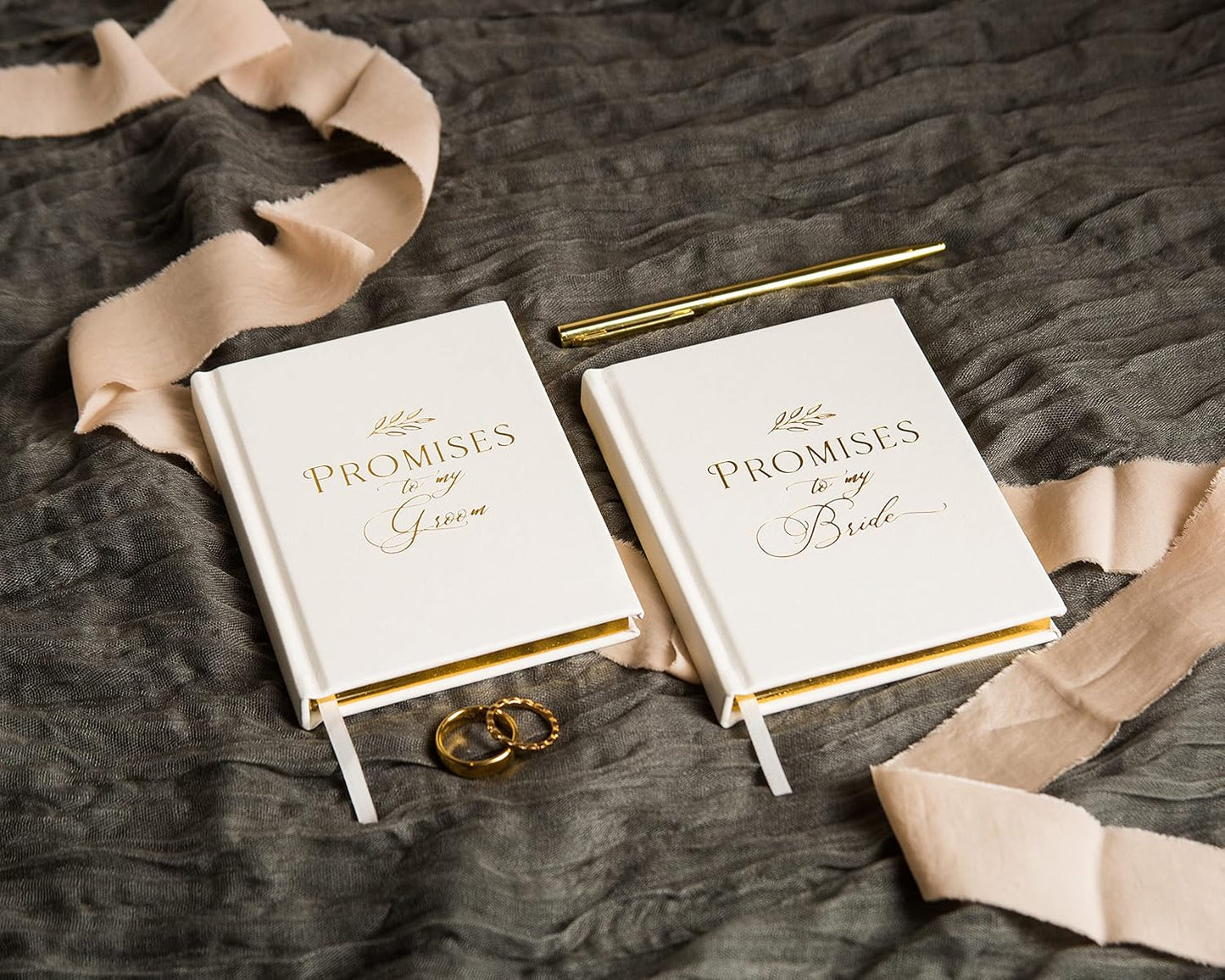 MUUJEE Promises To My Groom and Promises to My Bride Wedding Vow Books (Set of 2) - White Gold Foil Embossed Notebook Journal for Wedding Ceremony Vow Renewal - Wedding Gift Ideas