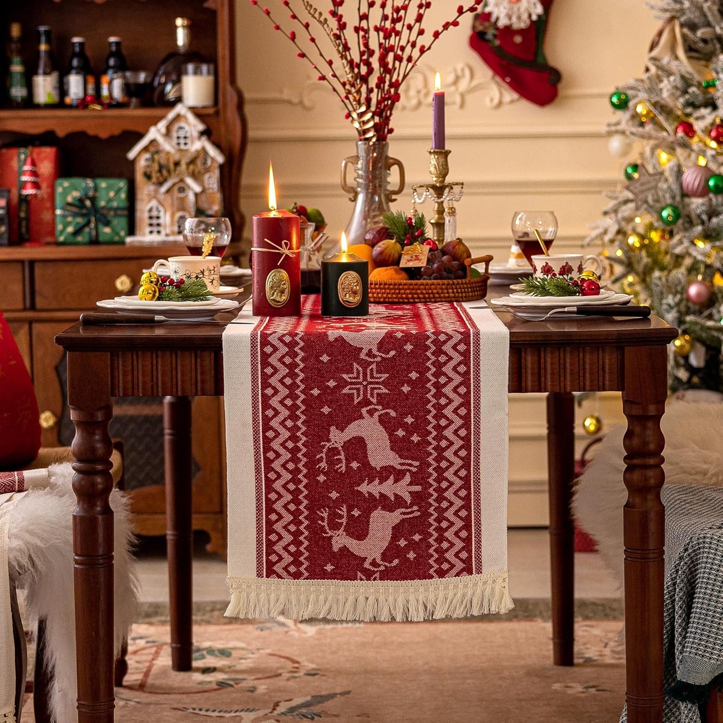 Table Runners 72 Inches,Elk Table Runner with Tassel Fringe,Christmas Table Runner for Party,Coffee Table, Festival