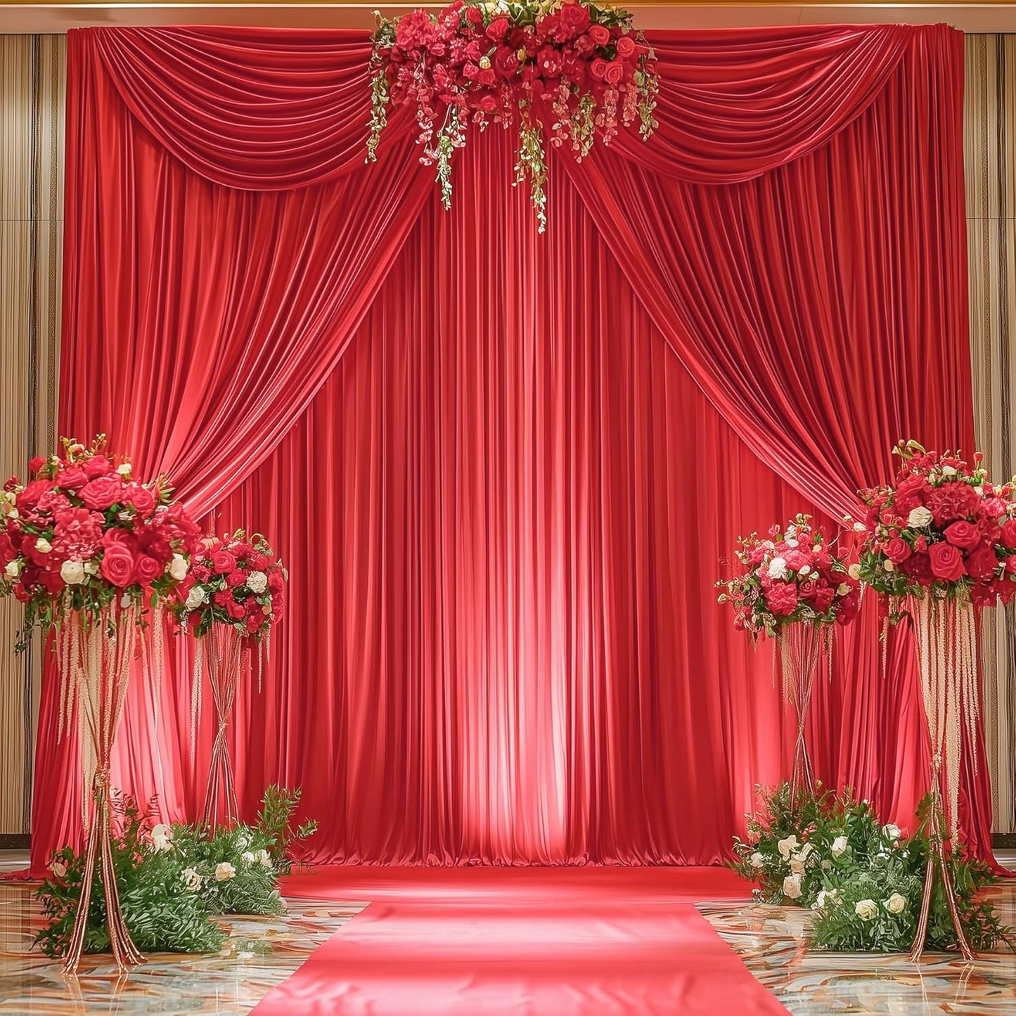 10ftx14FT Wrinkle Free Red Backdrop Curtain, 2 Panels 14FT Height Red Wedding Backdrop Drapes, Silky Polyester Back Drop Cloth for Birthday Photography Background Party Backdrop Draping