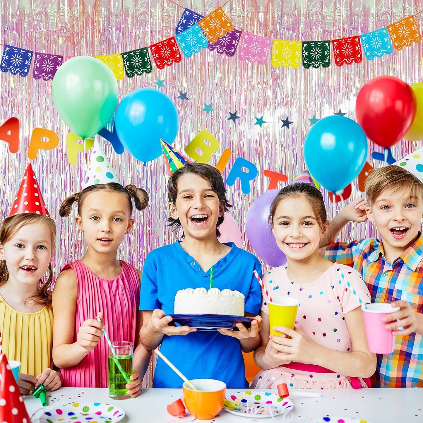 BTSD-home 4 Pack Iridescent Backdrop Transparent Clear Foil Fringe Curtain, Metallic Photo Booth Tinsel for Mermaid Frozen ERAS Wedding Birthday Baby Shower Bachelorette Party Decorations(8ft x 3ft)