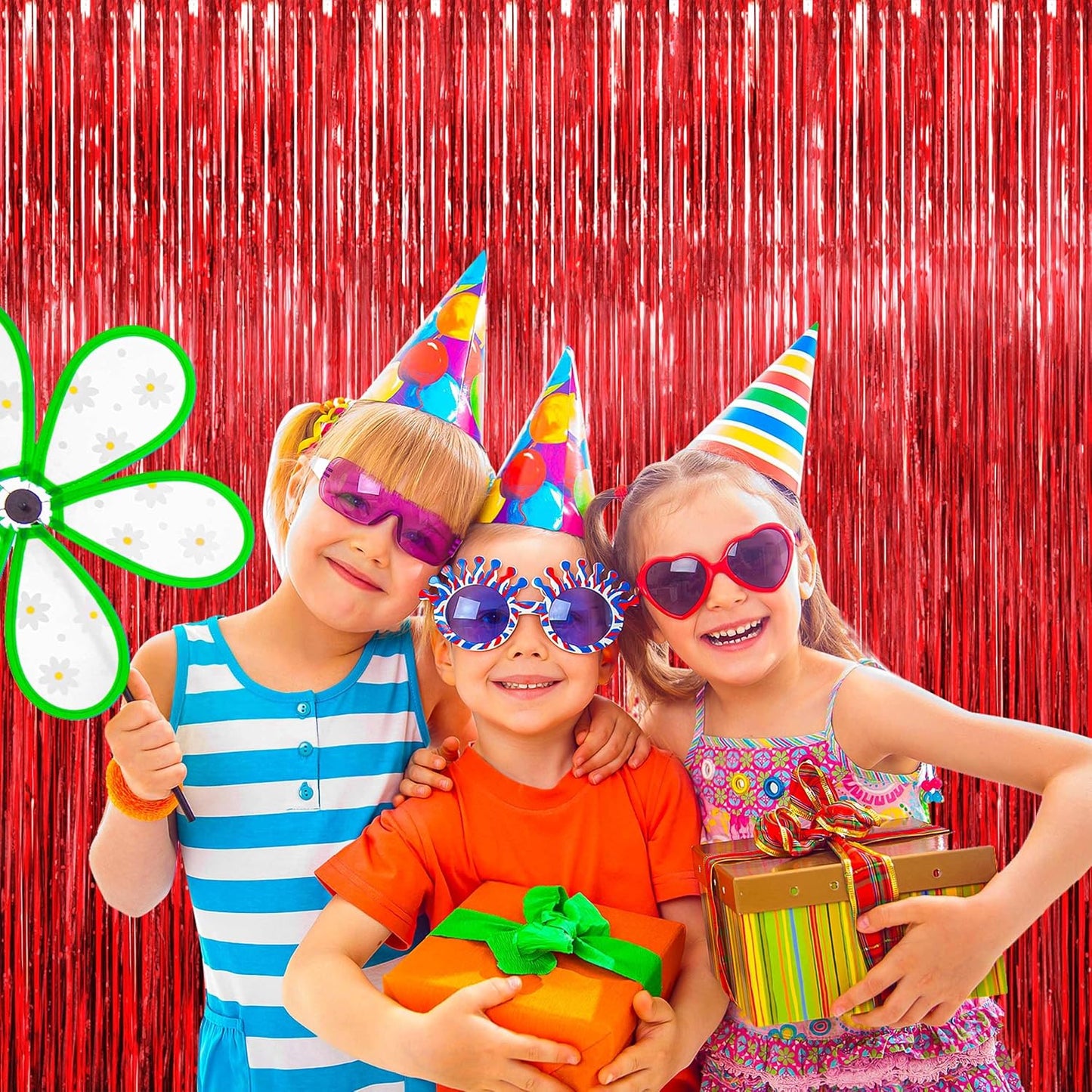 BTSD-home Red Foil Fringe Curtain, Metallic Photo Booth Backdrop Tinsel Door Curtains for Wedding Birthday Bridal Shower Baby Shower Bachelorette Christmas Party Decorations(4 Pack, 8ft x 3ft)