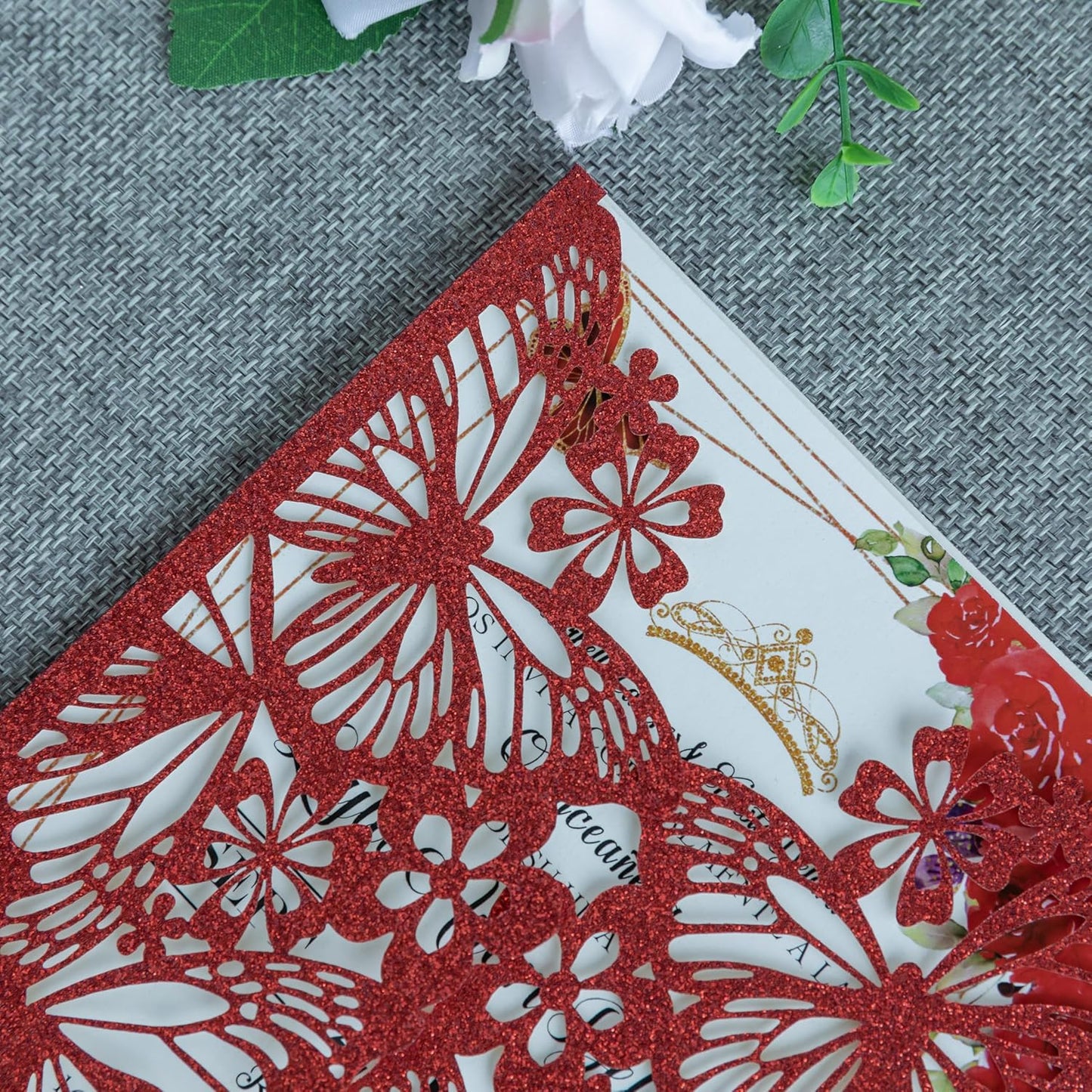 20 PCS 5.12x7.2 Butterfly Quinceanera Invitation, Laser Cut Wedding Invitation Cards with Envelopes for XV Anos Bridal Shower Baby Shower Invite (Red Glitter)