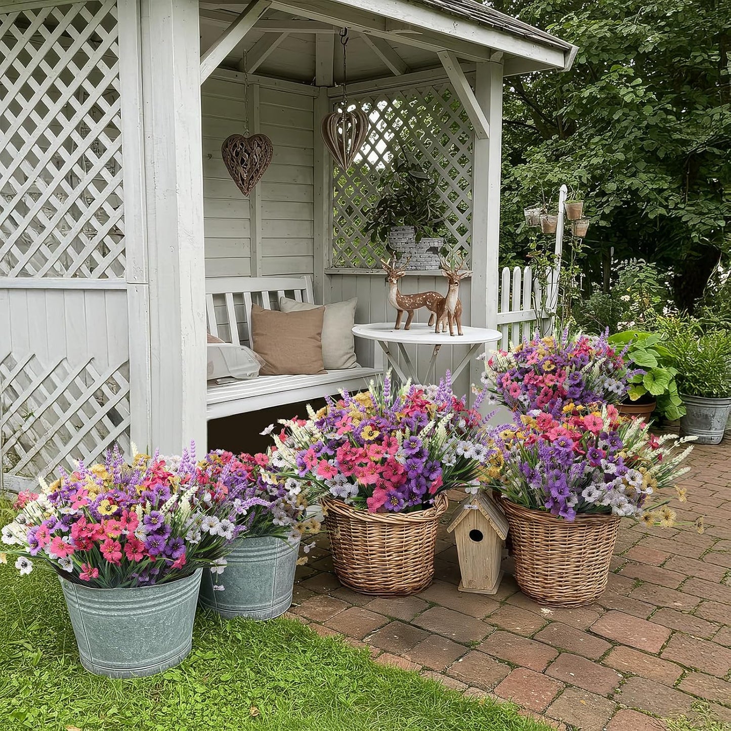 Artificial Flowers for Outdoors 24 Bundles, UV Resistant Colorful Fake Silk Flower Outdoor Planter Garden Decor Indoor Decorations