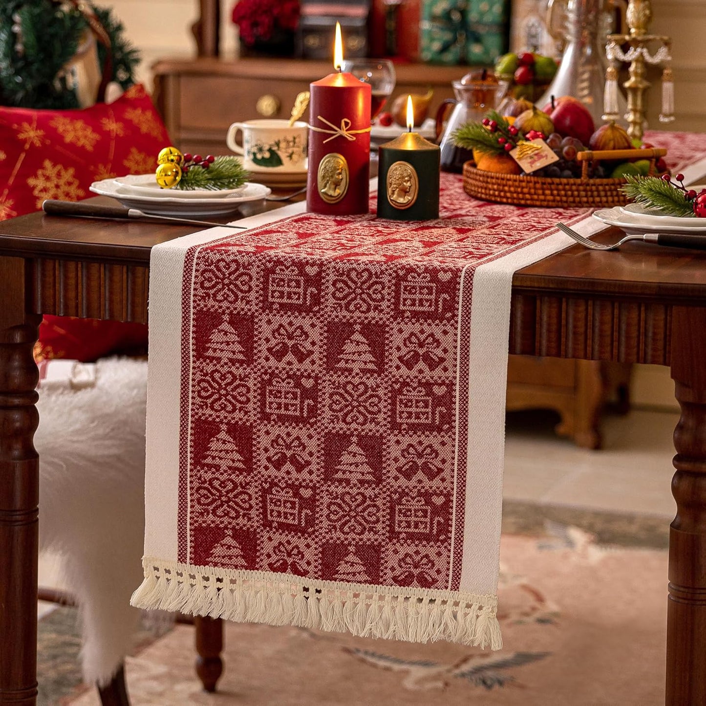 Table Runners 72 Inches,Christmas Tree Table Runner with Tassel Fringe,Gift Table Runner for Party,Coffee Table, Festival