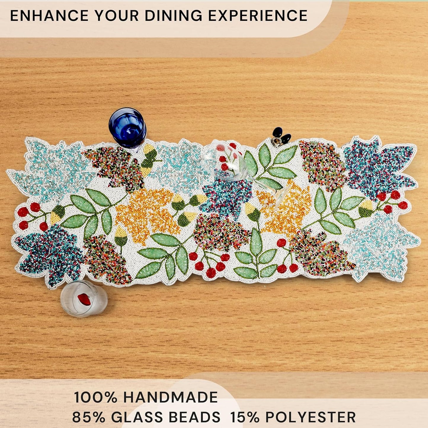 Boho Beaded Table Runner - 36" Handcrafted Glass Beads Floral Design with Durable Non-Slip Polyester Backing for Dining, Coffee Table & Special Occasions (Multi) - CLEENTABLE