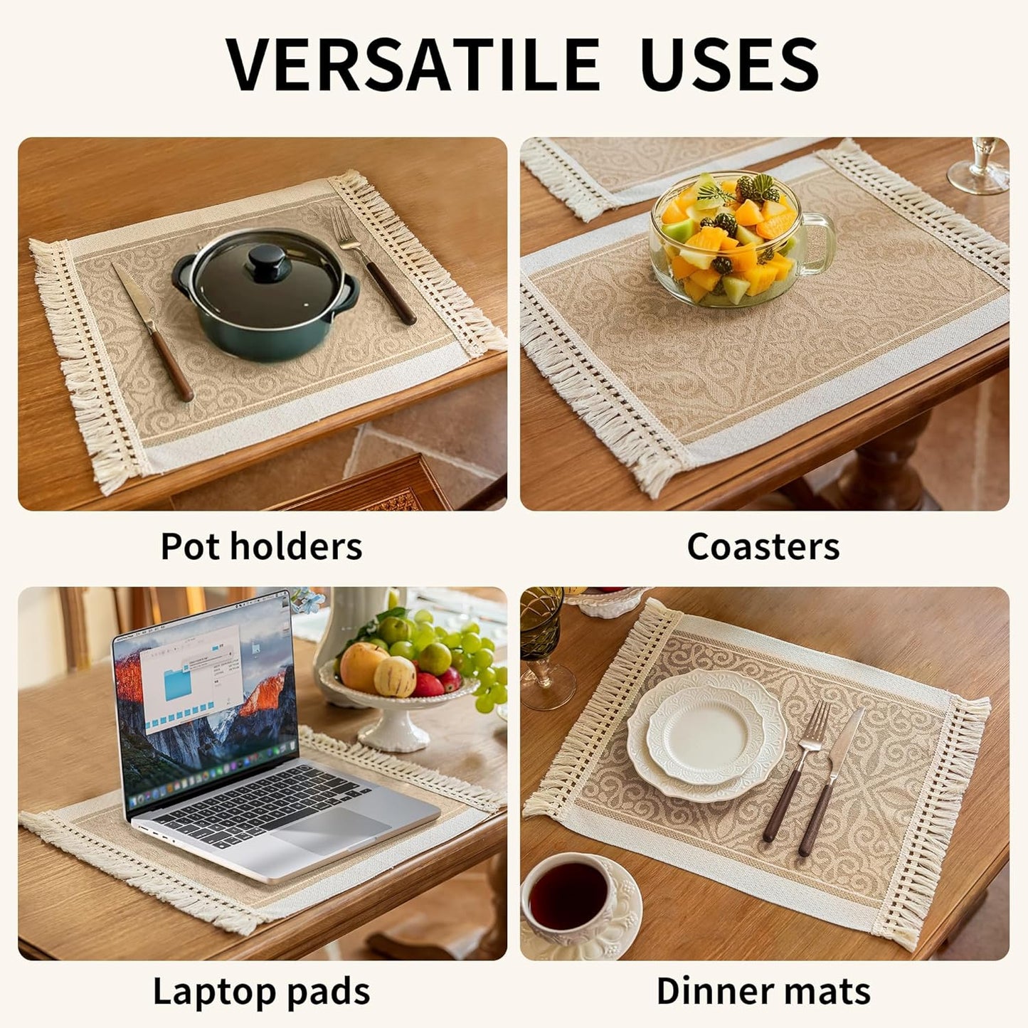 Placemats Set of 4,Waterproof Placemat with Tassel Fringe,Boho Placemats for Coffee Table Western Restaurant