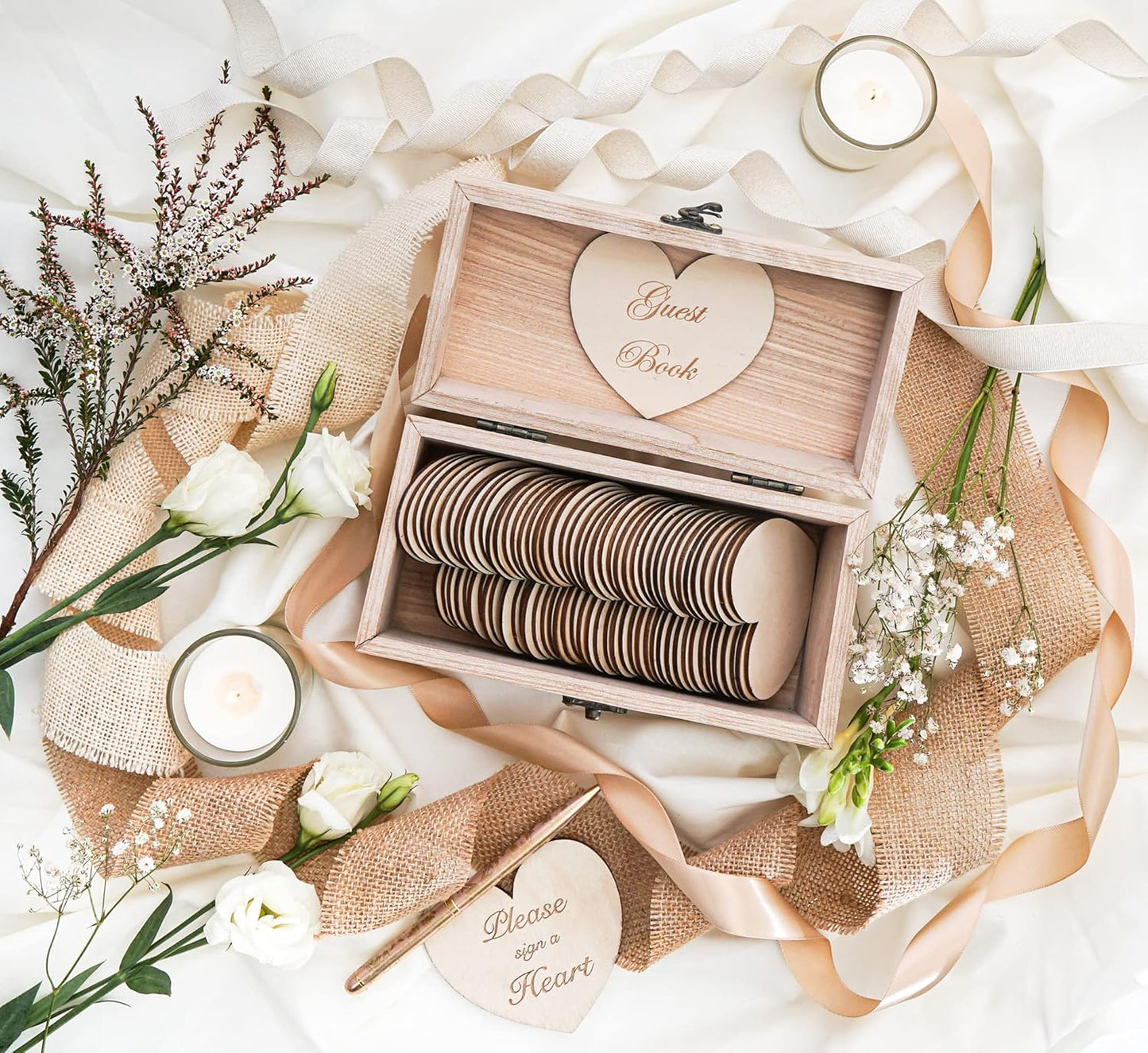 Jecor Alternative Guest Book Box - Wedding Guest Book Alternative - 62 Large Wooden Hearts - Also for Baby Shower, Bridal Shower, Anniversary, Birthday, Retirement, Funeral Guest Book Alternatives