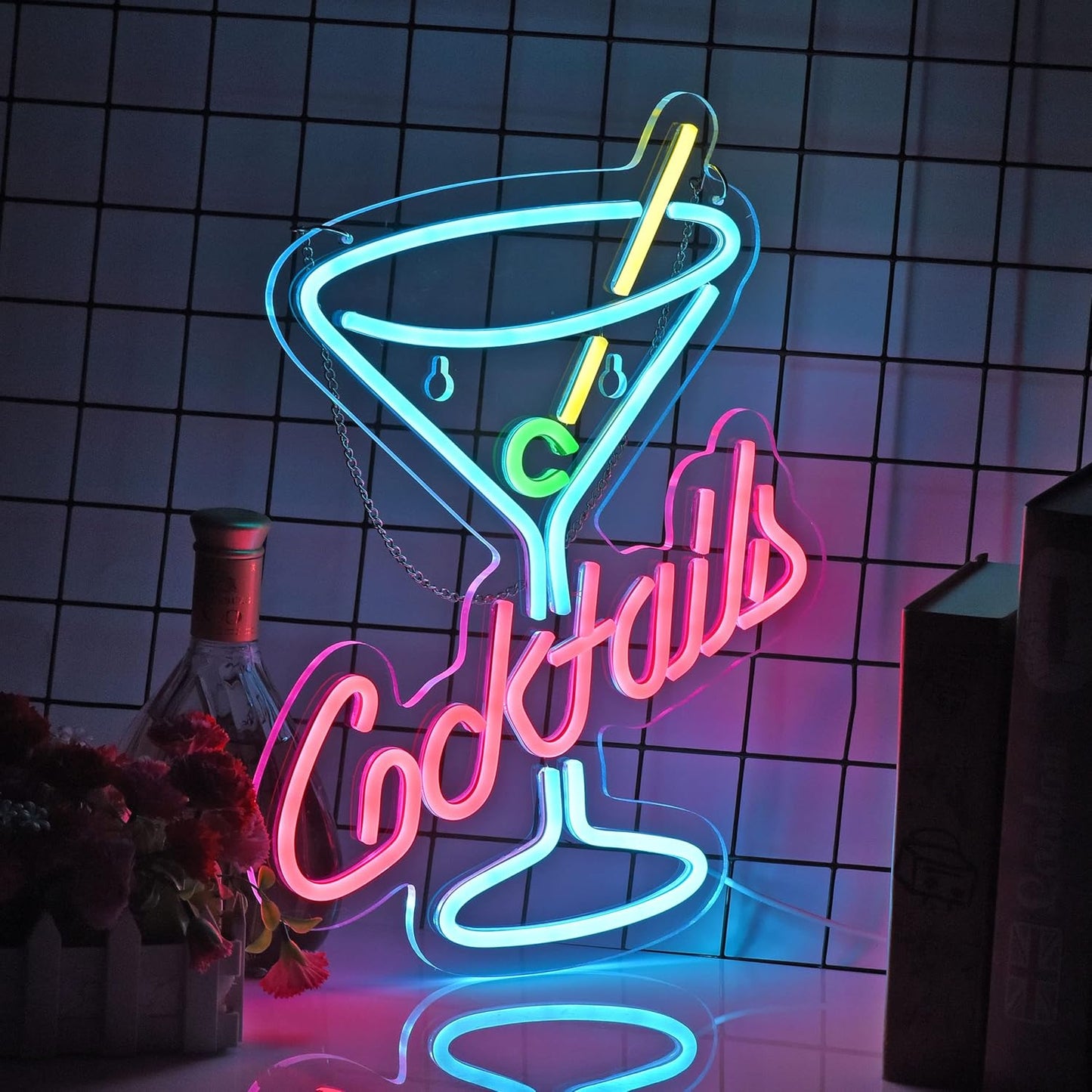 Cocktails Neon Sign for Wall Decor Man Cave Bar Home Art Neon Light LED Neon Lights Signs with Dimmer for Bedroom Office Hotel Pub Cafe Recreation Room Wall Artwork Sign Decor(15X13inches)