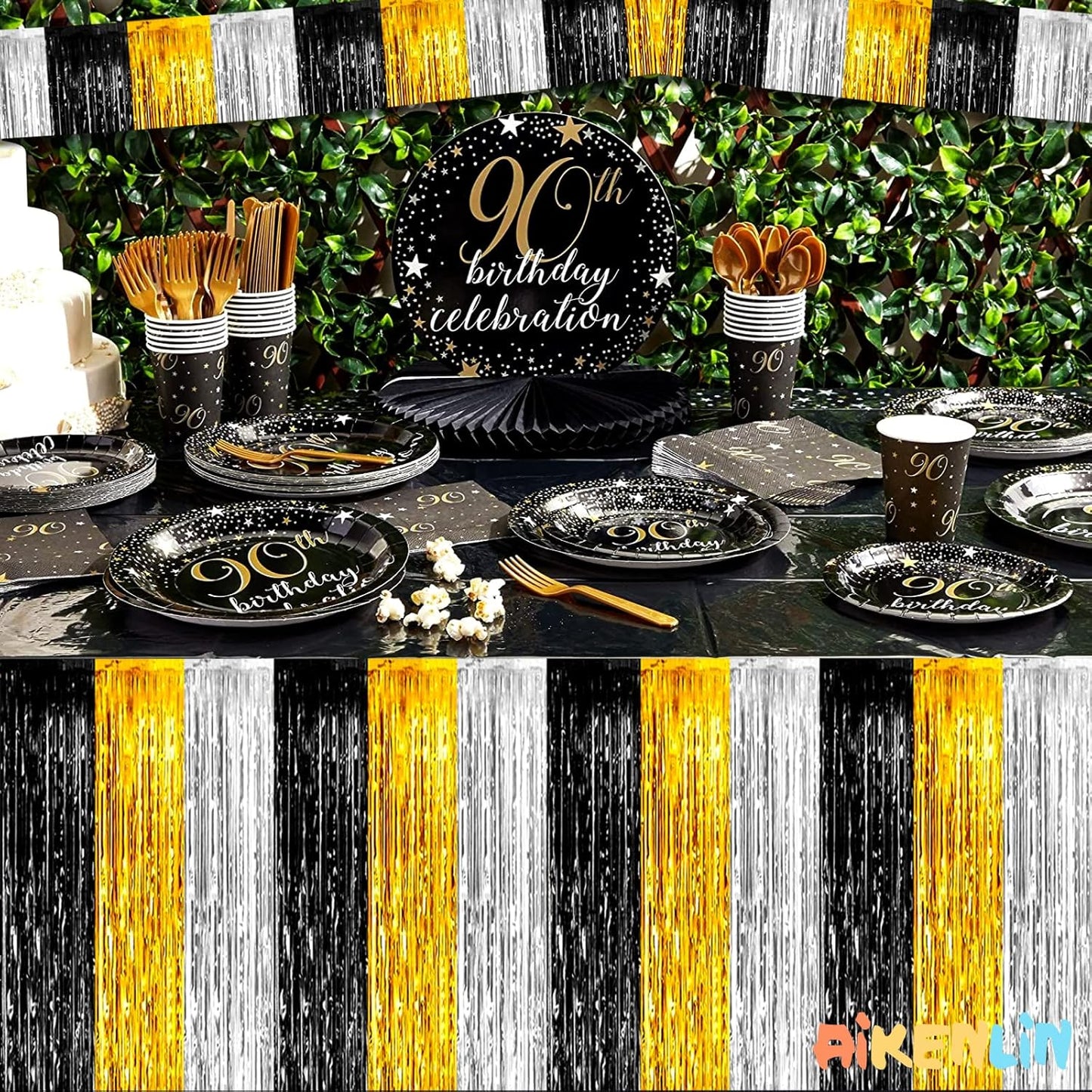 10 Pack 10 Feet Foil Fringe Garland Metallic Tinsel Streamers Banner Wall Hanging Backdrop for Parade Floats, Notorious One Birthday Roaring 20s Graduation Party Decorations(Black Gold Silver)