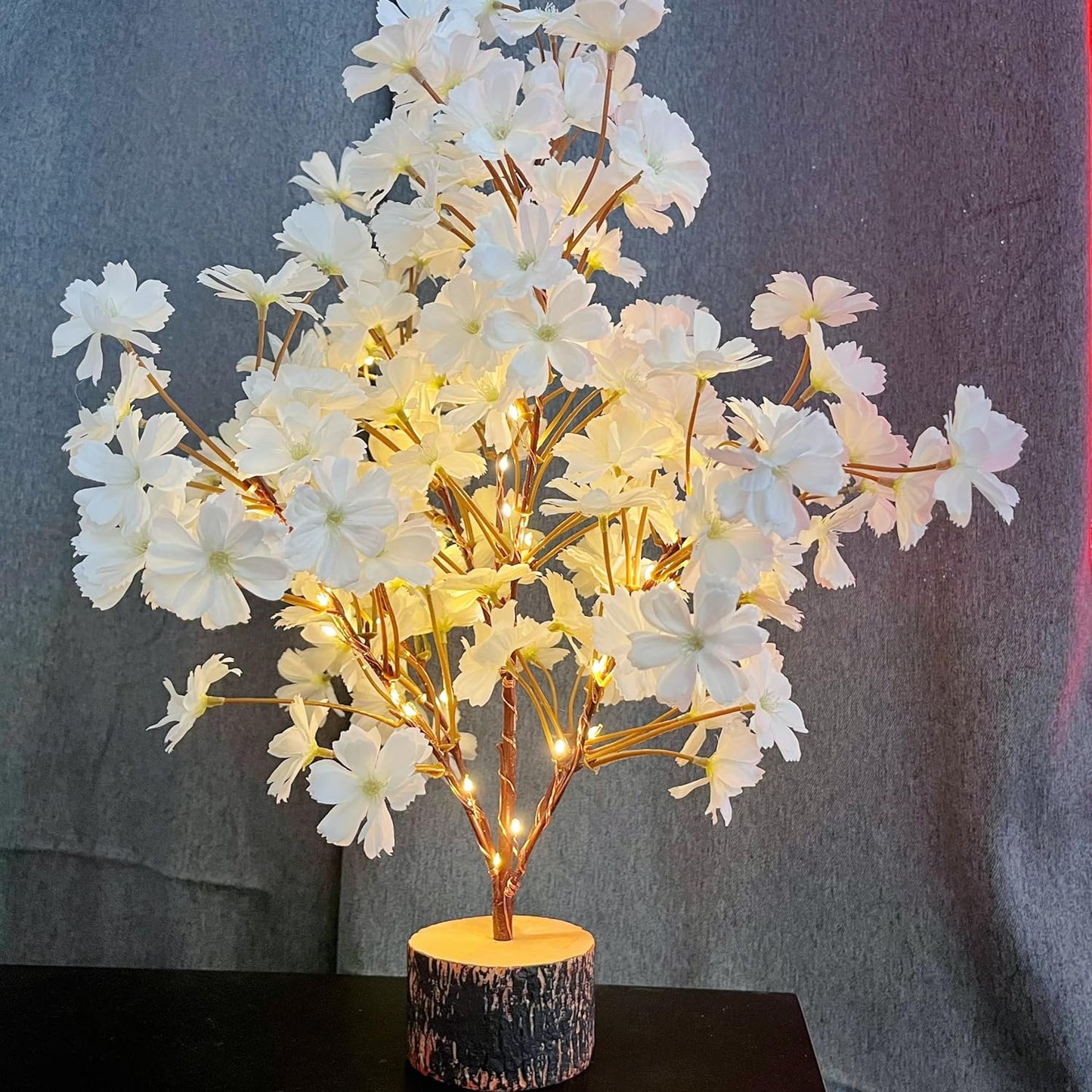 19Inch Cherry Blossom Tree Light, Lighted Artificial Tree with White Silk Flowers, Battery Operated Lamp with Timer for Summer Wedding Decorations,49 Fairy LEDs