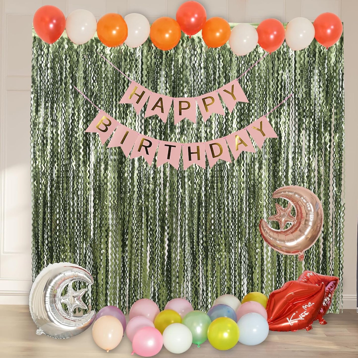 4 Pack Wavy Olive Green Streamers Backdrop Jungle Party Decorations - 3.3x6.6ft Foil Fringe Curtains Photo Booth for Dinosaur Animal St Patrick's Day Football Decor