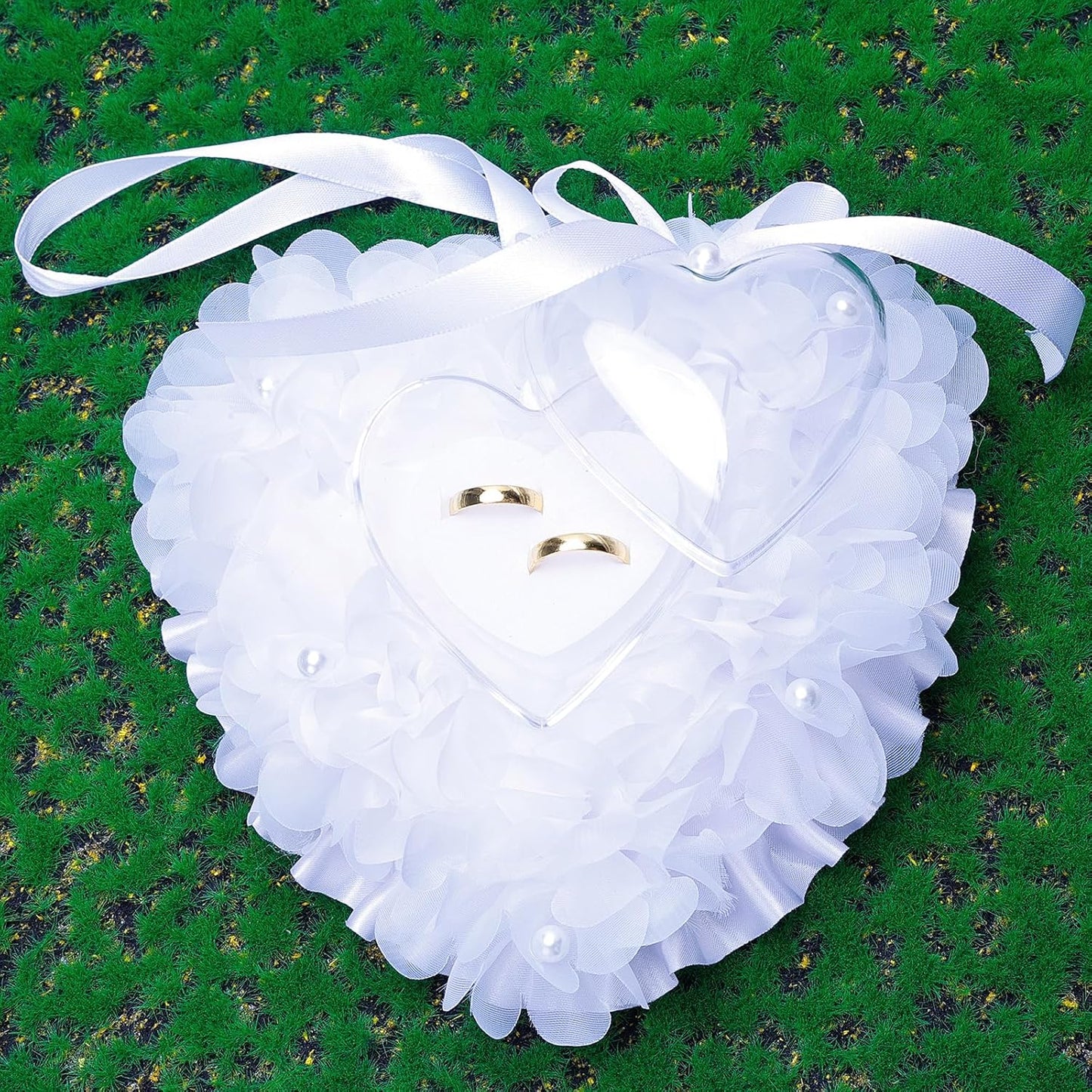 Ring Pillow is Designed with White Roses, Mozambique Diamond and Flowers. It is A Ring Bearer That Comes with A Gift Box. It is Suitable for Weddings and Ring Collections (Pearl White)