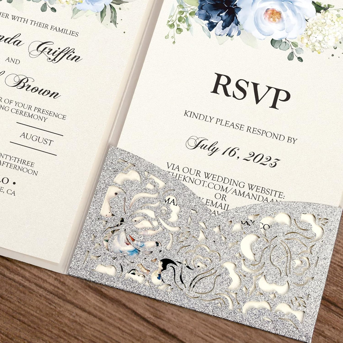 DORIS HOME 50pcs Laser Cut Wedding Invitations with Envelopes and RSVP Cards Silver Glitter, 4.7x7.1 Personalized Invitation Cards for Wedding, Anniversary Invitations with Envelopes