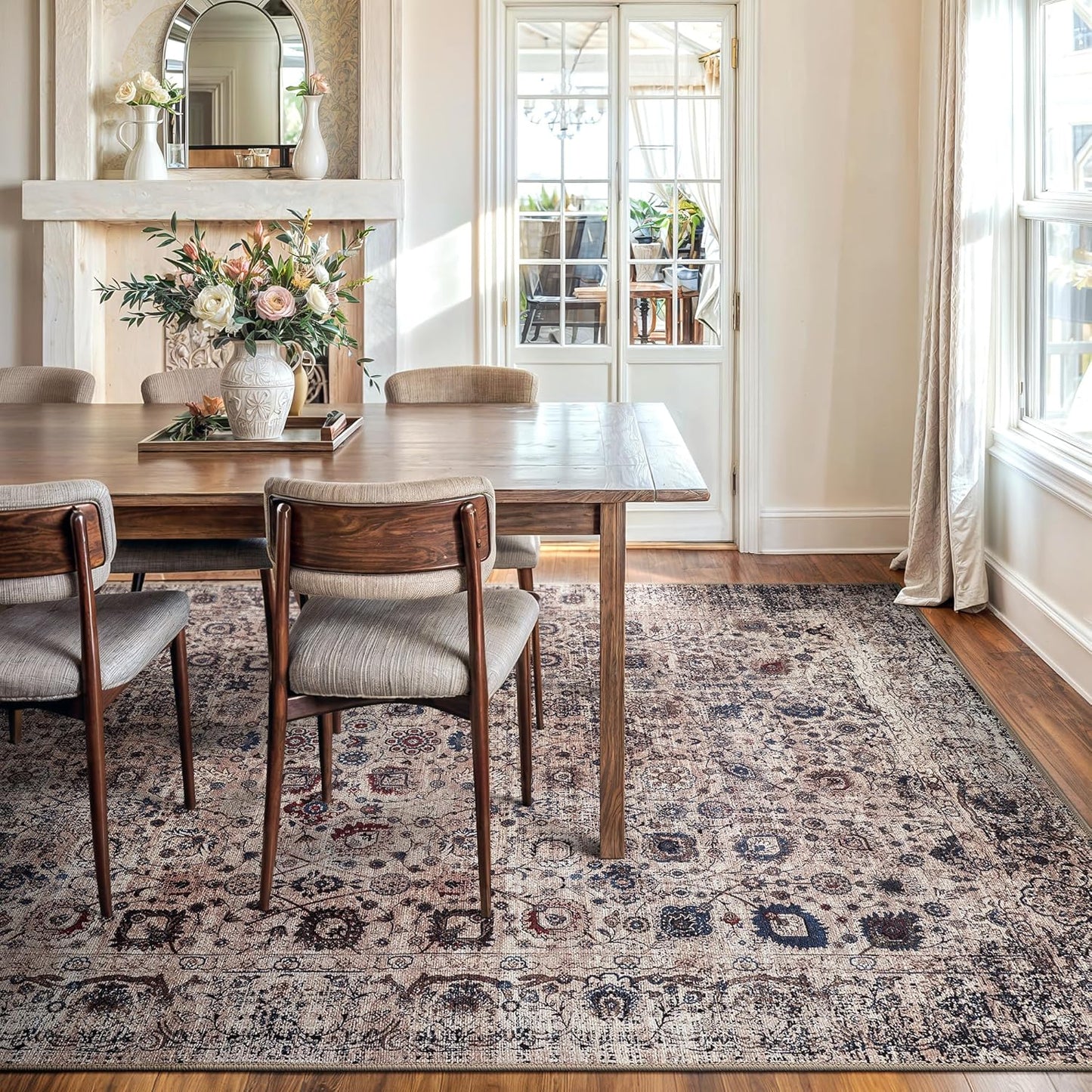 Bloom Rugs Washable Non-Slip 9' x 12' Rug - Light Tan/Blue Traditional Oriental Area Rug for Living Room, Bedroom, Dining Room, and Kitchen - Exact Size: 9' x 12'