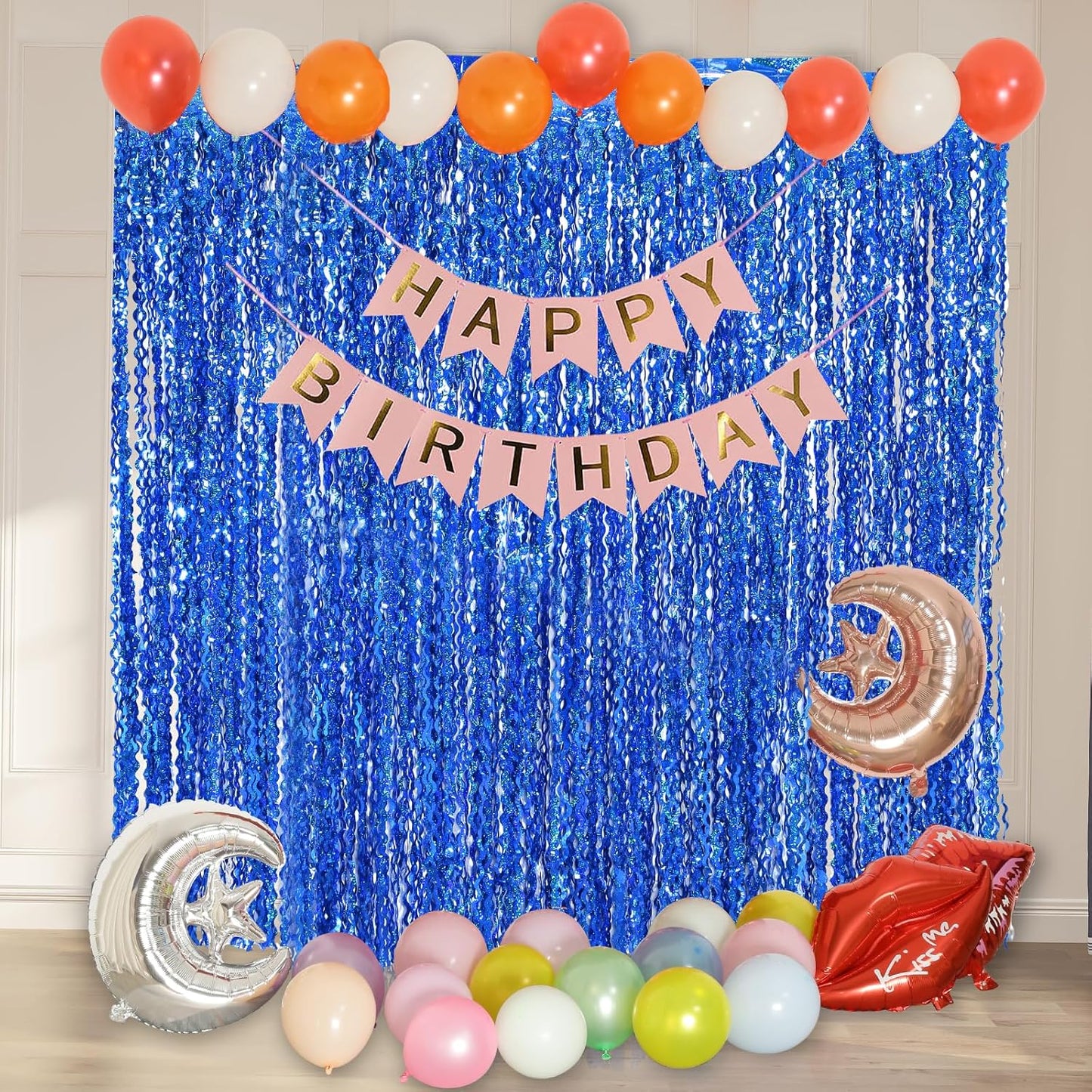 4 Pack 3.3 ft x 6.6 Wavy Sparkle Dark Blue Foil Fringe Backdrop Curtain - Navy Blue Streamer Backdrop Tinsel Curtains for Door Streamers Ocean Birthday Party Decorations Disco Party