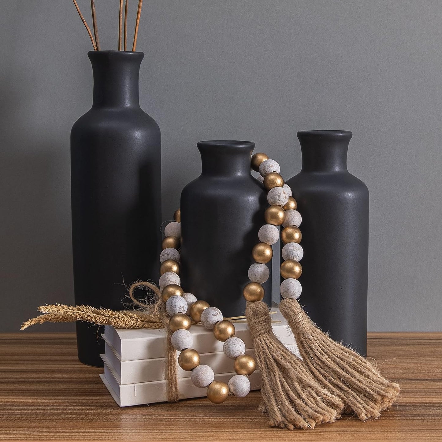 Wooden Bead Garland Decor, Farmhouse Boho Tassel Garland Wood Beads