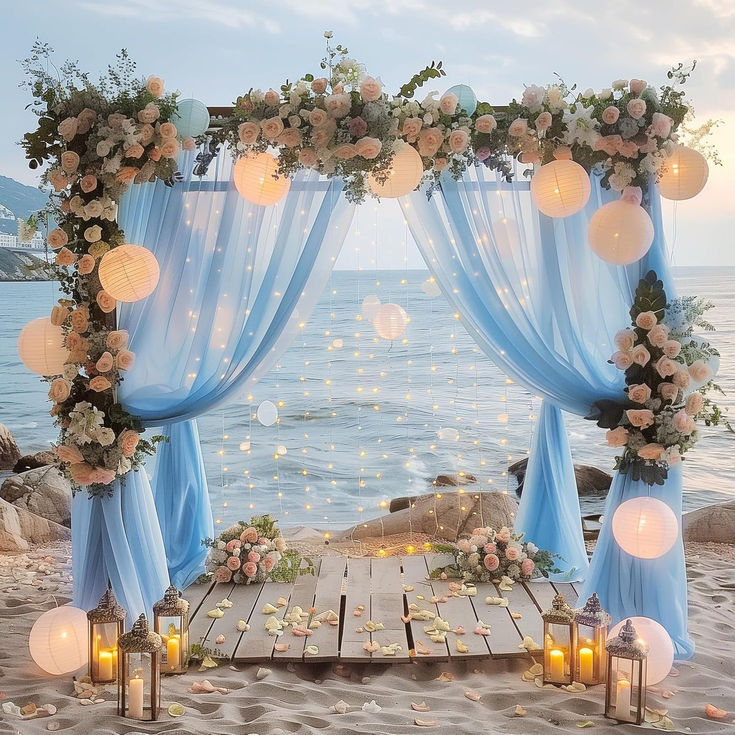 Tulle Backdrop Curtain with Lights String 10FT X 8FT Baby Blue Sheer Tulle Backdrop Curtains for Wedding Birthday Party Reception Photo Booth Background Decorations (2 Panels 5x8FT)