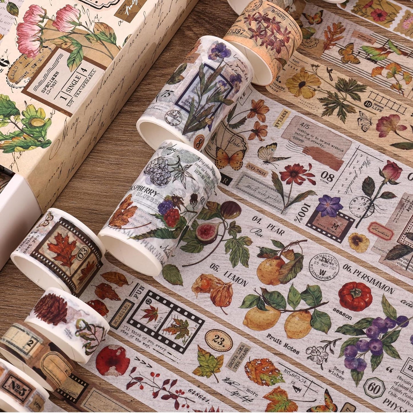 20 Rolls Vintage Washi Tape Set, Floral Letter Butterfly Mushroom Botanical Flower Writable Decorative Tapes for Scrapbooking , Junk Journal Supplies, Bullet Journaling 10-60mm Wide 6.56ft long/Roll