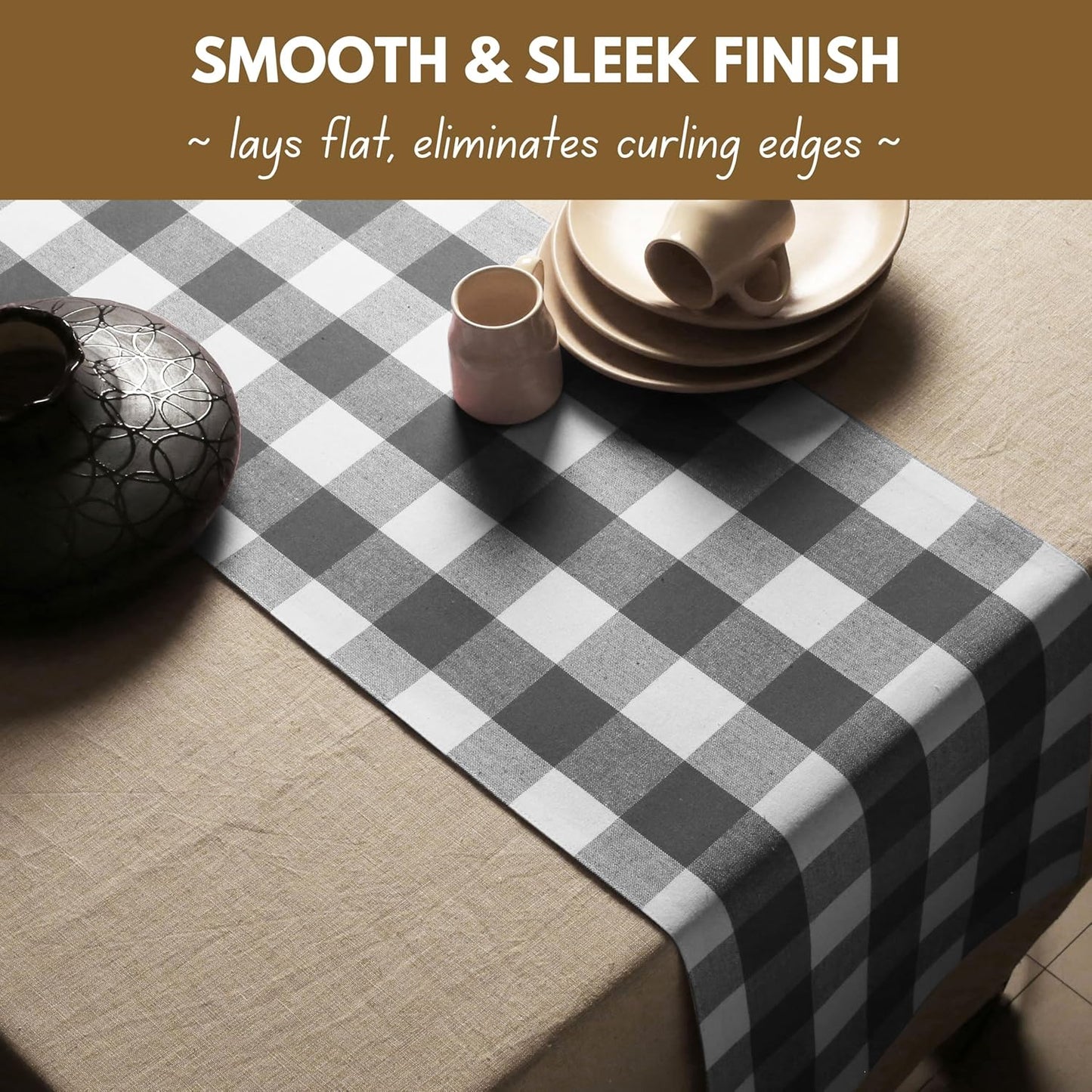 Native Fab Table Runner Buffalo Check Plaid 100% Cotton - 13x72 Inches Kitchen Dining Table Decoration for Indoor Outdoor Farmhouse Home Party Decor - Grey and White