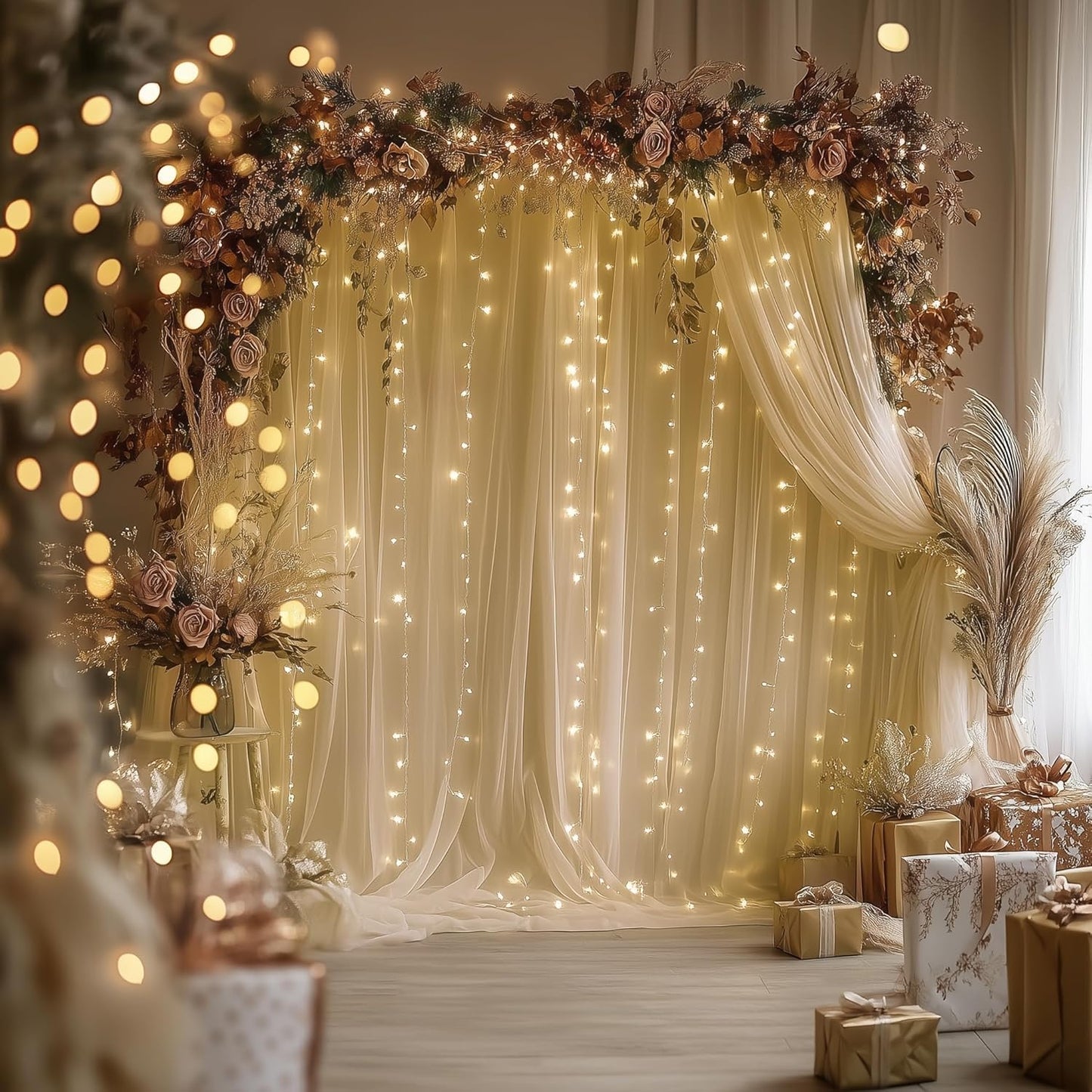 Tulle Backdrop Curtain with Lights String 30 X 10FT Champagne Sheer Tulle Backdrop Curtains for Wedding Birthday Party Reception Photo Booth Background Decorations (6 Panels 5x10FT)