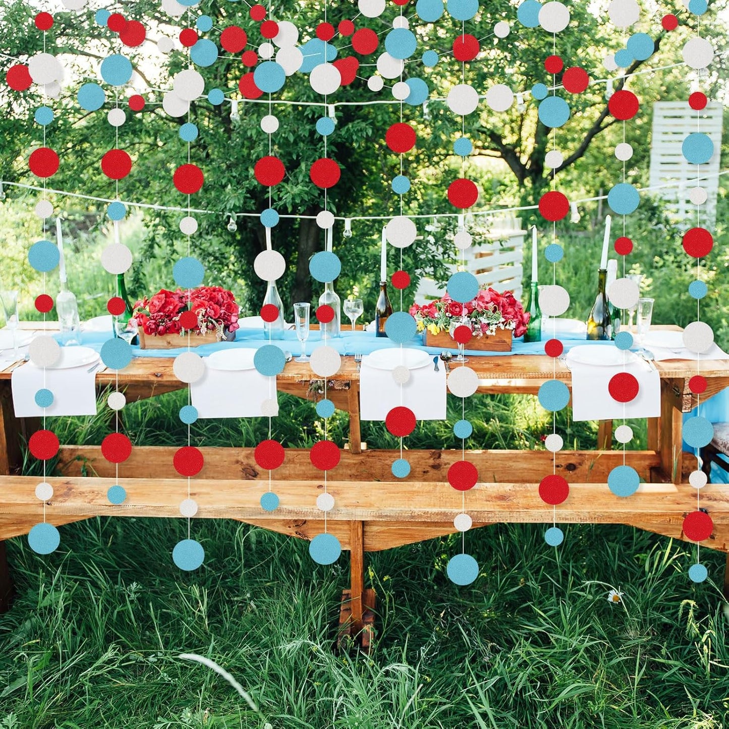 Outus 5 Pieces Colorful Dots Paper Garland Round Glitter Garland Hanging Confetti Streamers Backdrop for Candy Birthday Classroom Halloween Trunk or Treat Car Decoration (Light Blue,White,Red)