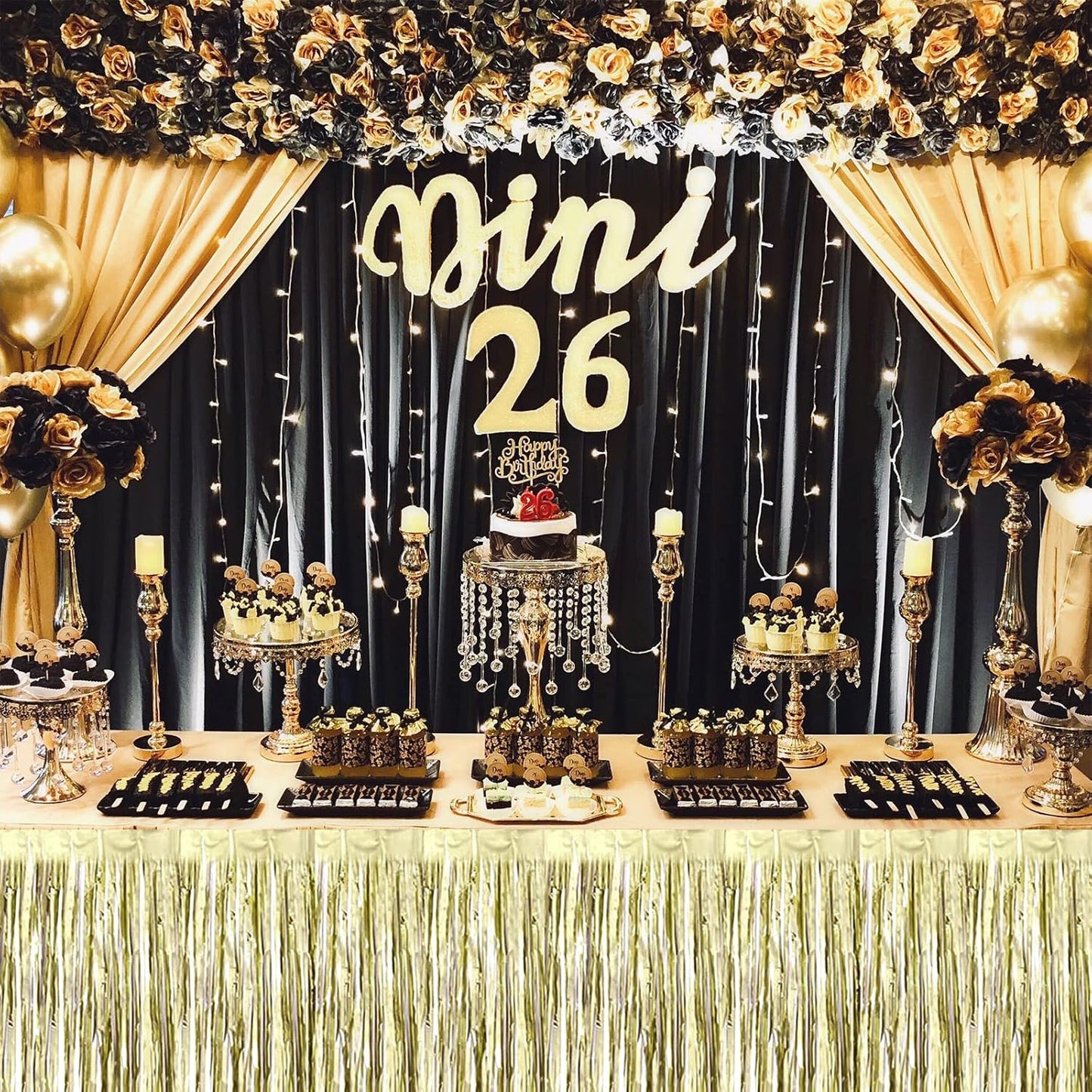 4 Pack 29x108 Inch Metallic Foil Fringe Tinsel Table Skirts for Rectangle Tables Streamer Backdrop for Wedding, Birthday, Parade Floats, Christmas, Halloween Party Decoration(Light Gold)