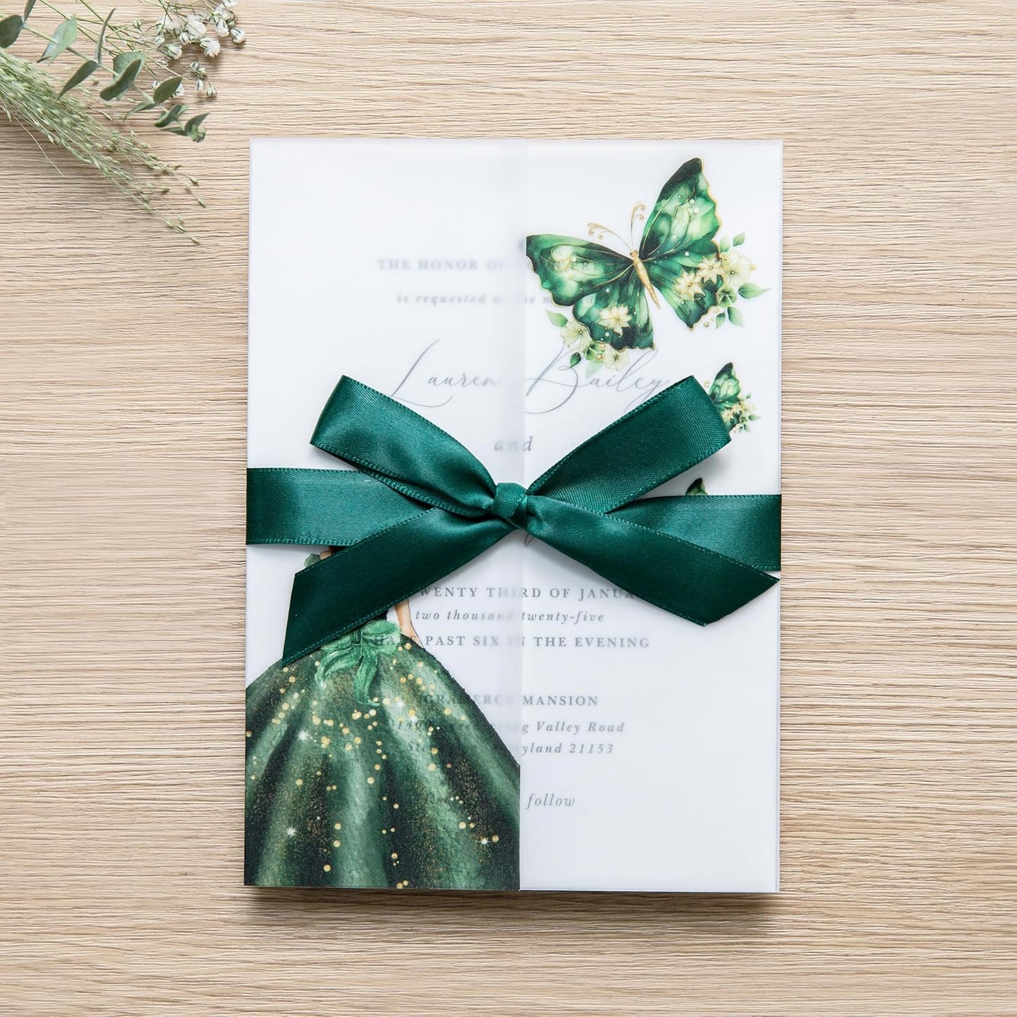 PONATIA 50 PCS Vellum Jackets for 5x7 Invitations - Vellum Paper 5x7 Jackets - 135GSM Emeral Green Girl - Butterfly Quinceanera Invitations Wraps (Emerald Green Girl)