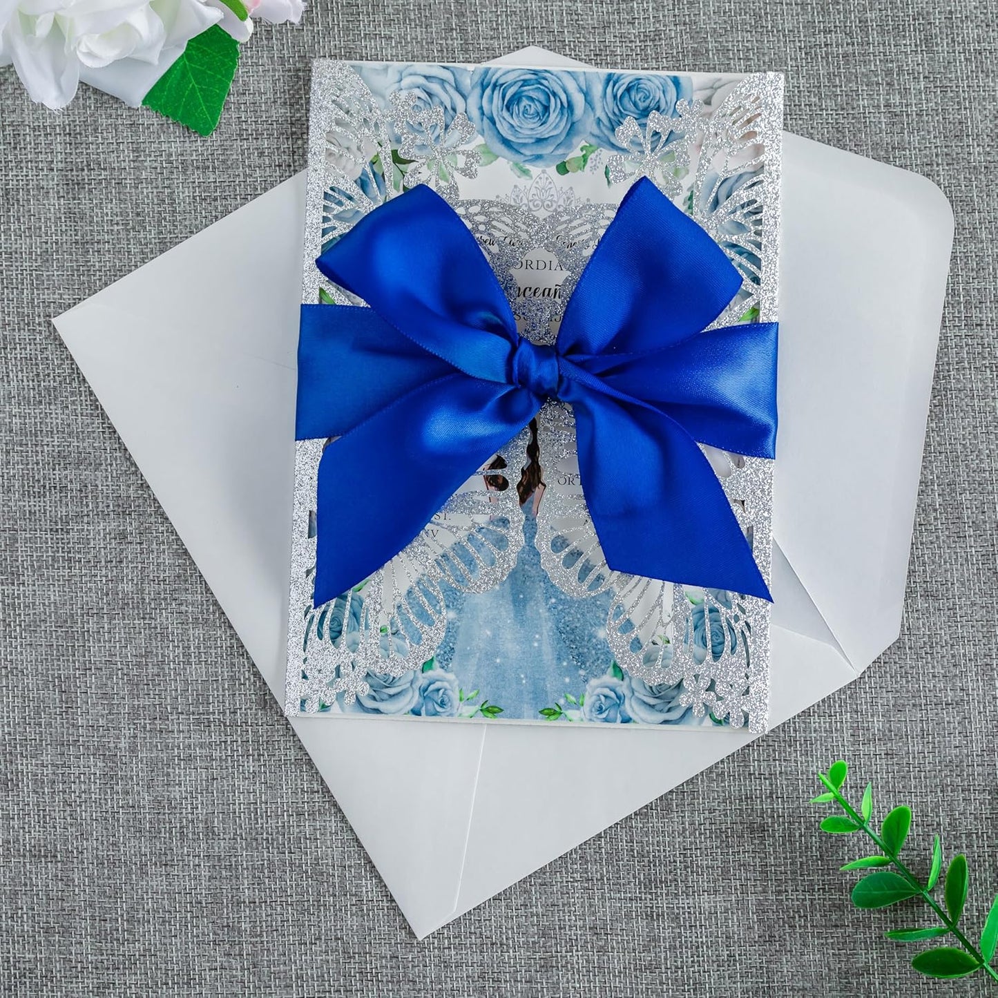 20 PCS 5.12x7.2 Butterfly Personalized Quinceanera Invitation, Customized XV Anos Laser Cut Invitation Cards with Envelopes (Silver Glitter Personalized)