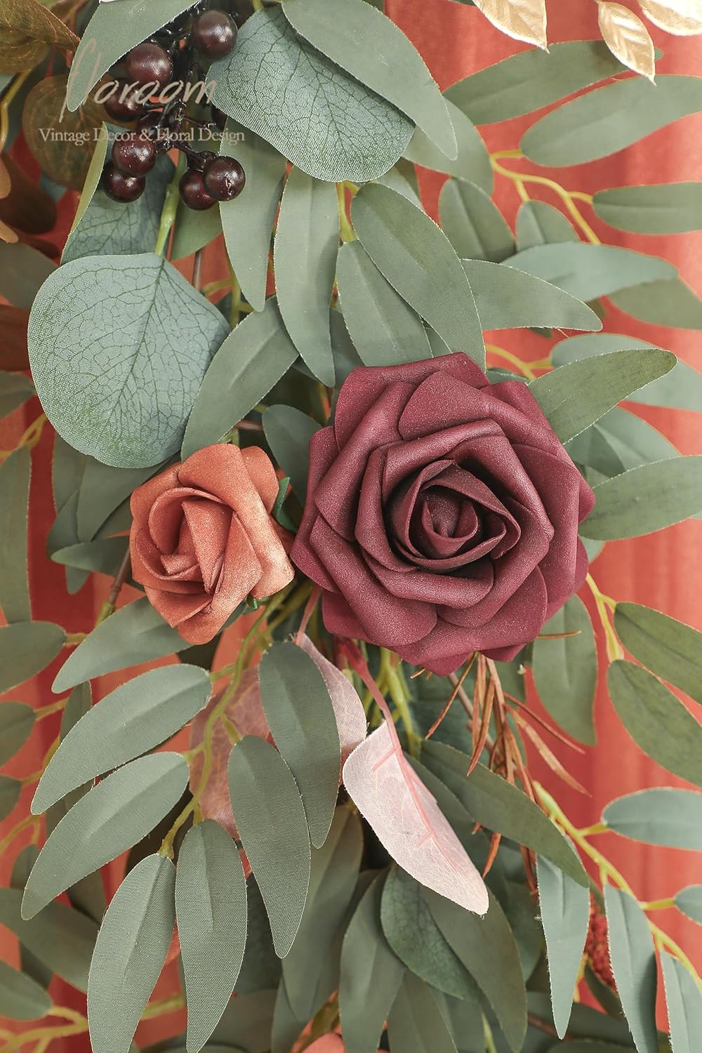 Floroom 6ft Artificial Eucalyptus Garland with Flowers Fake Greenery Burnt Orange Faux Floral Vine Garland for Table Decor Wedding Centerpieces Bridal Shower Party Decorations, Terracotta