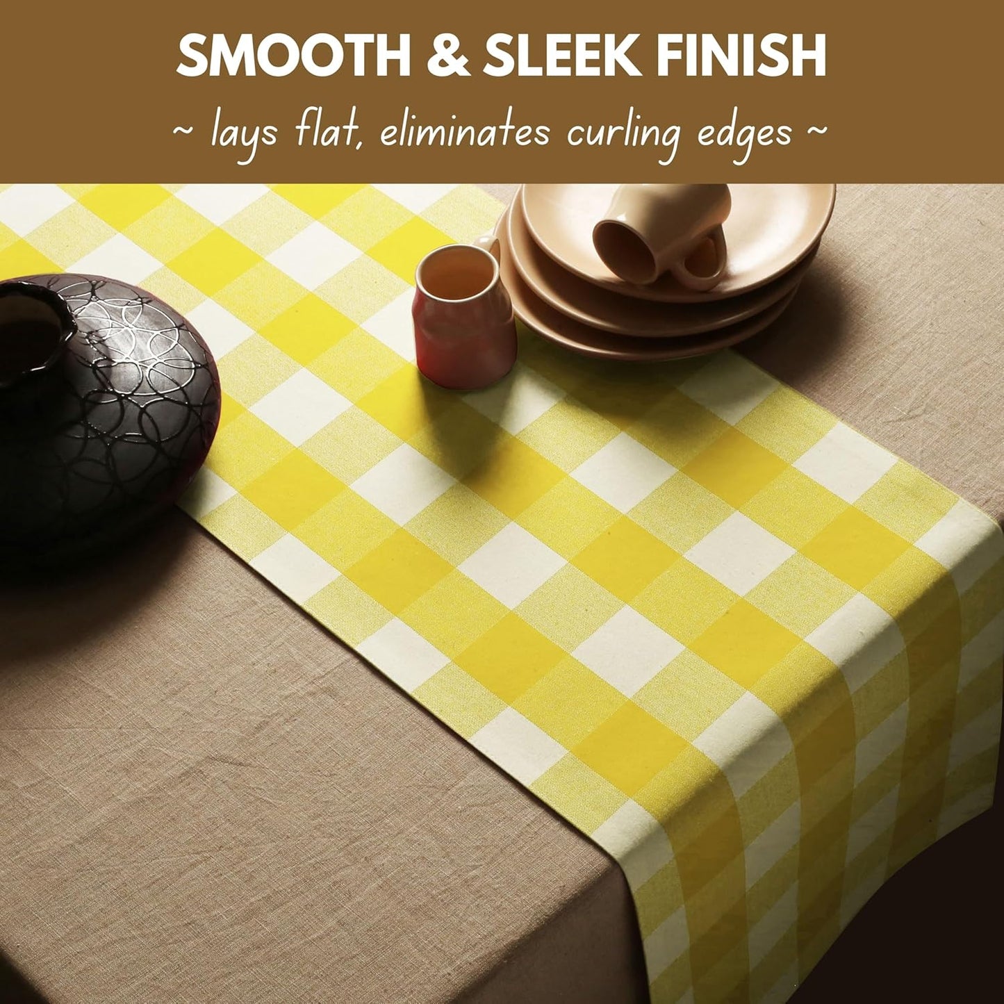 Native Fab Table Runner Buffalo Check Plaid 100% Cotton - 13x90 Inches Kitchen Dining Table Decoration for Indoor Farmhouse Home Decor - Lemon Yellow and White