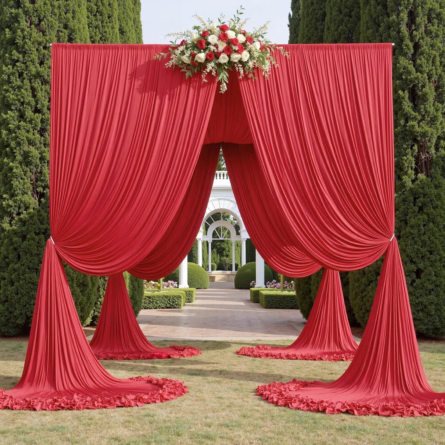 50ft x 15ft Red Wrinkle Free Backdrop Curtains for Parties,Silky Polyester Fabric Wedding Ceiling Drapes, 10 Panels 15ft Photo Back Drop Drapes for Baby Shower Photography Stage Background Cloth
