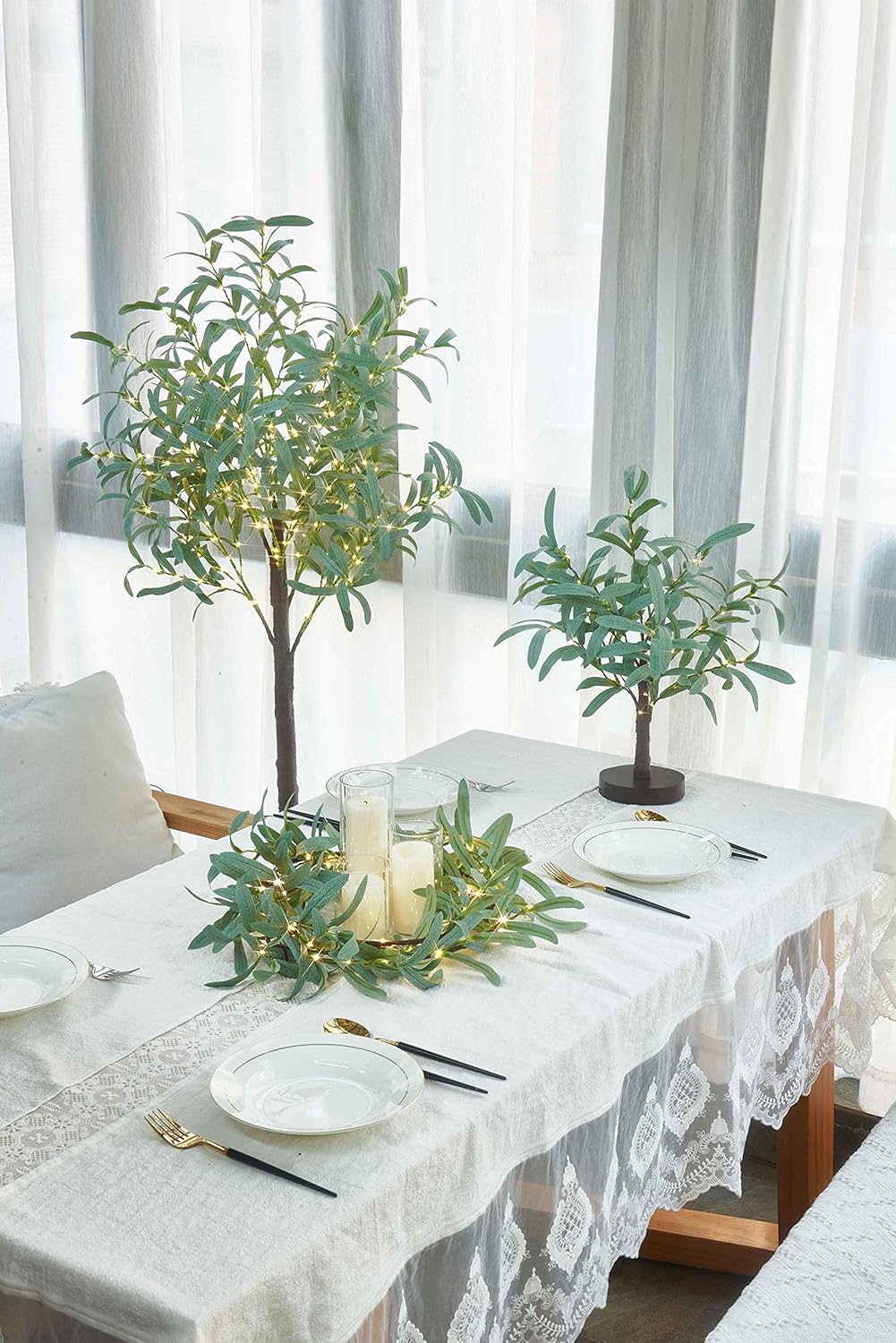 LITBLOOM Lighted Olive Branches 24IN 72 LED with Timer Battery Operated Lit Artificial Greenery for Wedding Party Spring Home Decoration Indoor Outdoor