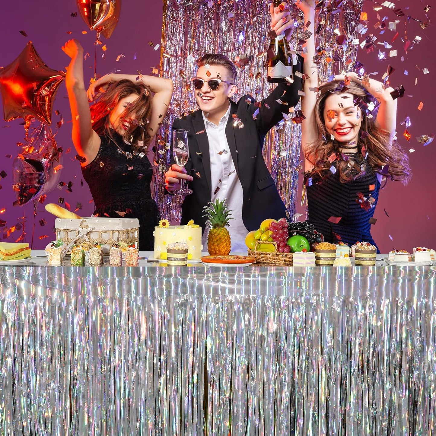 4 Pack Iridescent Table Skirt, Metallic Foil Fringe Tinsel Table Skirts for Rectangle Tables, Disposable Laser Rainbow Table Skirt Iridescent Party Decorations for Birthday Wedding Holiday, 29x108Inch