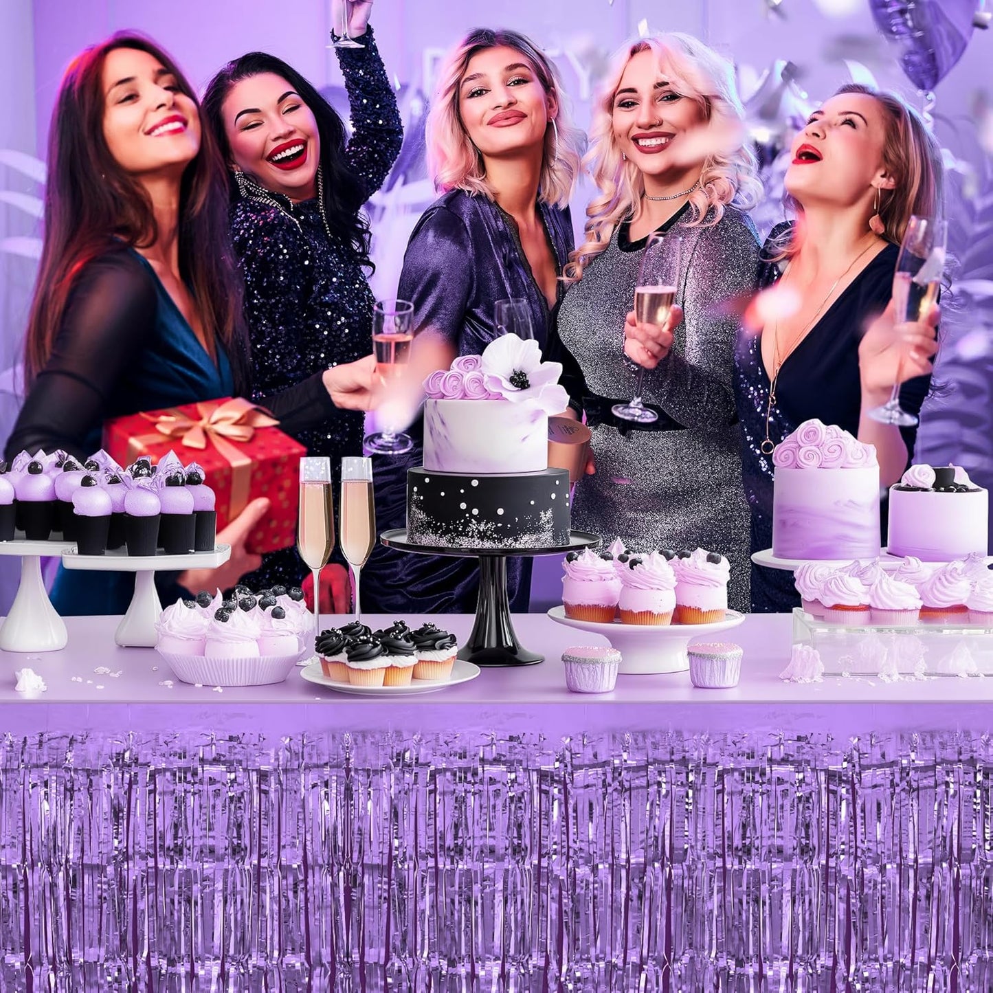 1 Pack Light Purple Table Skirts, 29x108" Metallic Foil Tinsel Fringe Table Skirts for Rectangle Tables Streamer Curtains Backdrop, Party Decorations for Birthdays Weddings Holidays